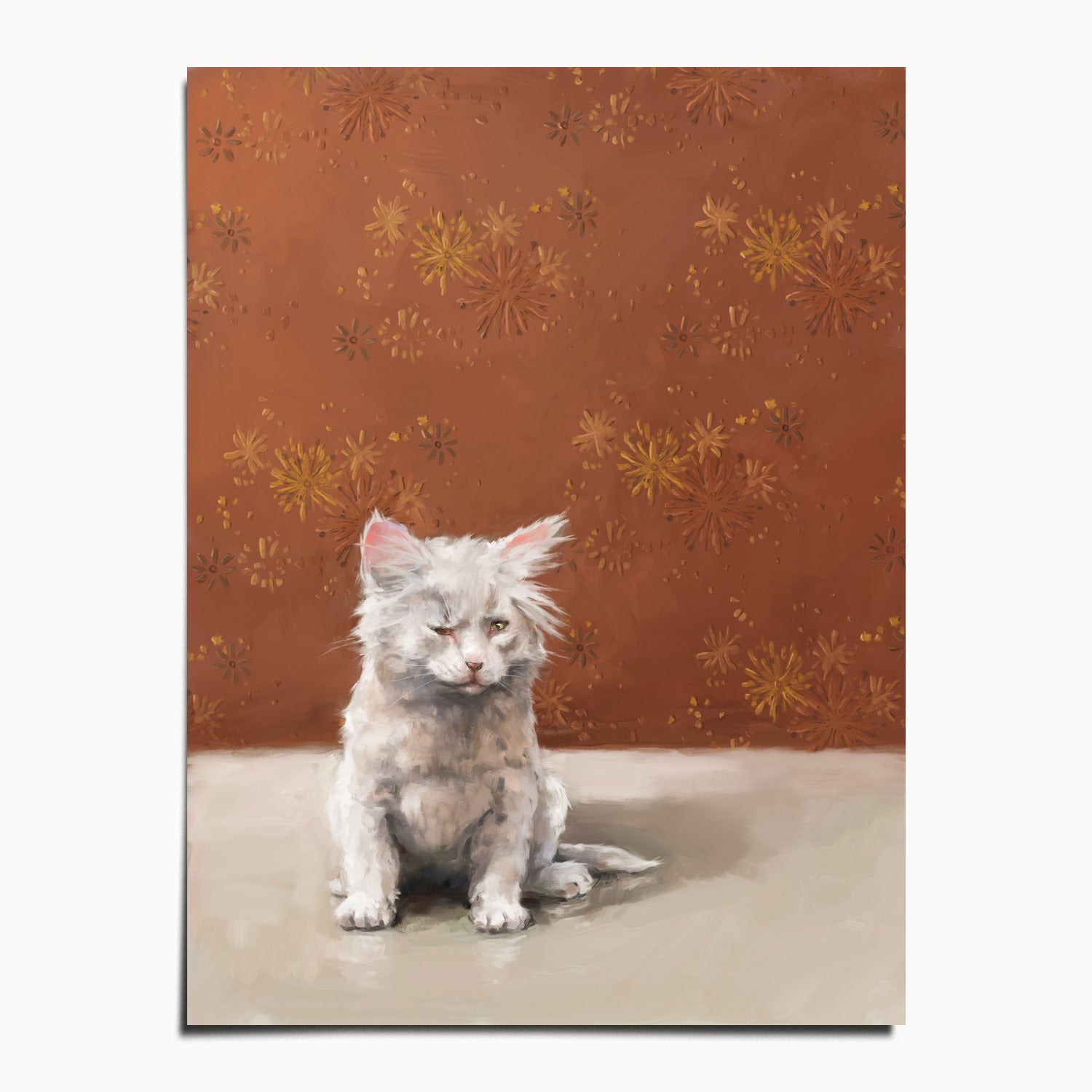"One Eye Pete" by Catherine Hébert - One Eye Pete - White Kitten With One Eye Art Print - 30"x40" size