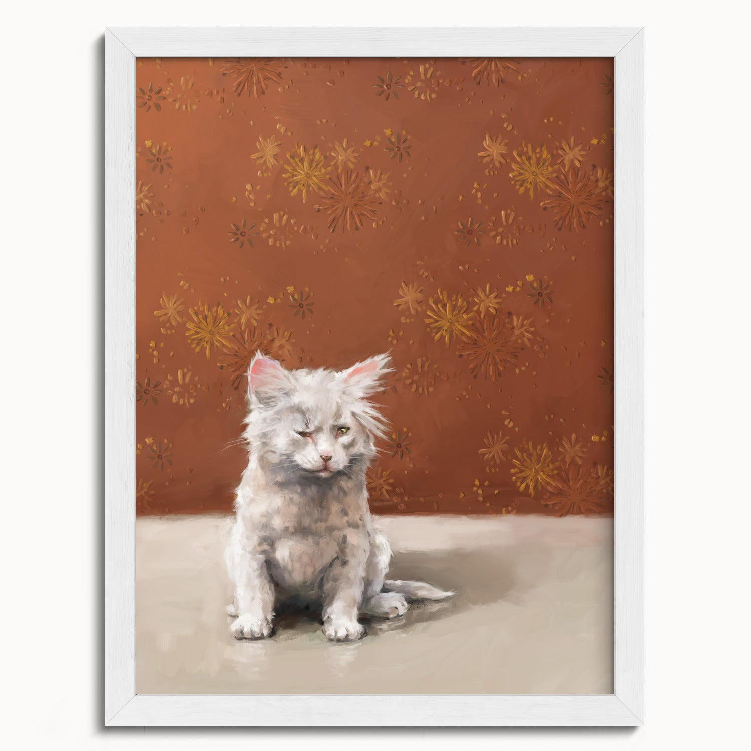"One Eye Pete" by Catherine Hébert - One Eye Pete - White Kitten With One Eye Art Print - 12"x16" size
