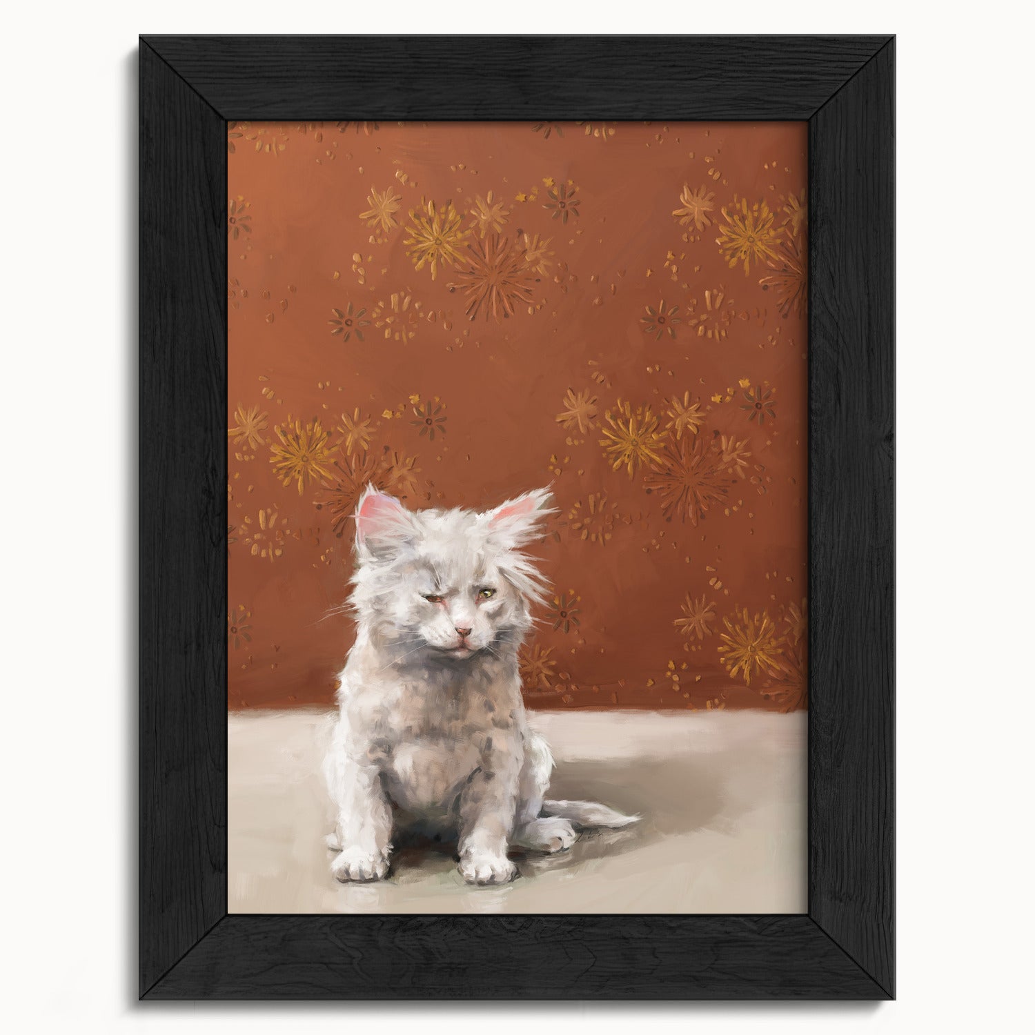 "One Eye Pete" by Catherine Hébert - One Eye Pete - White Kitten With One Eye Art Print - 5"x7" size