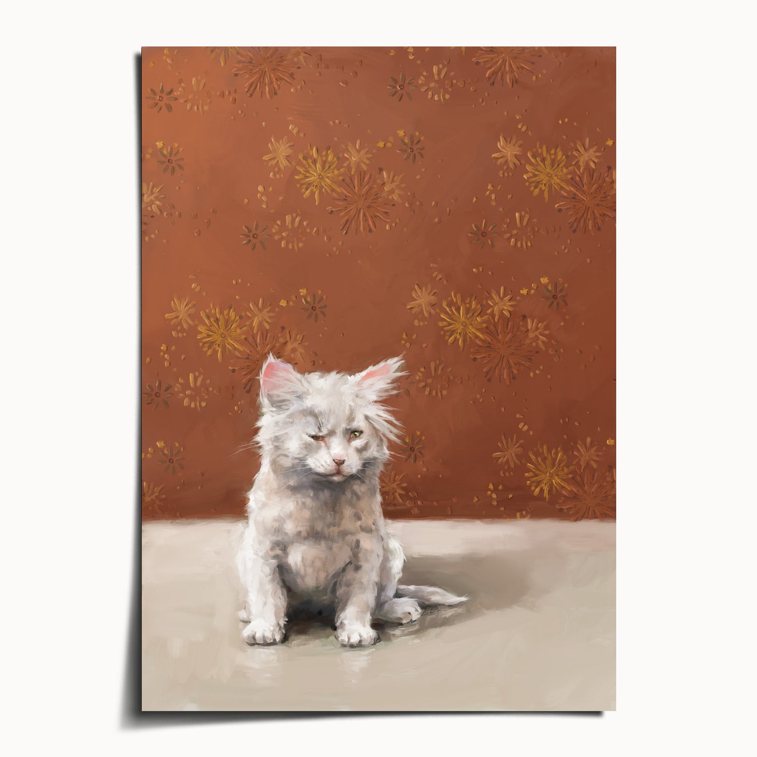 "One Eye Pete" by Catherine Hébert - One Eye Pete - White Kitten With One Eye Art Print - 5"x7" size