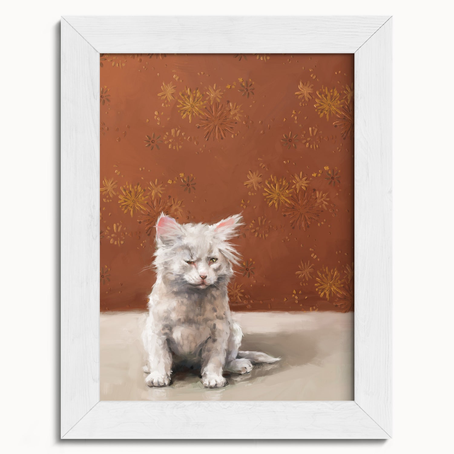 "One Eye Pete" by Catherine Hébert - One Eye Pete - White Kitten With One Eye Art Print - 5"x7" size