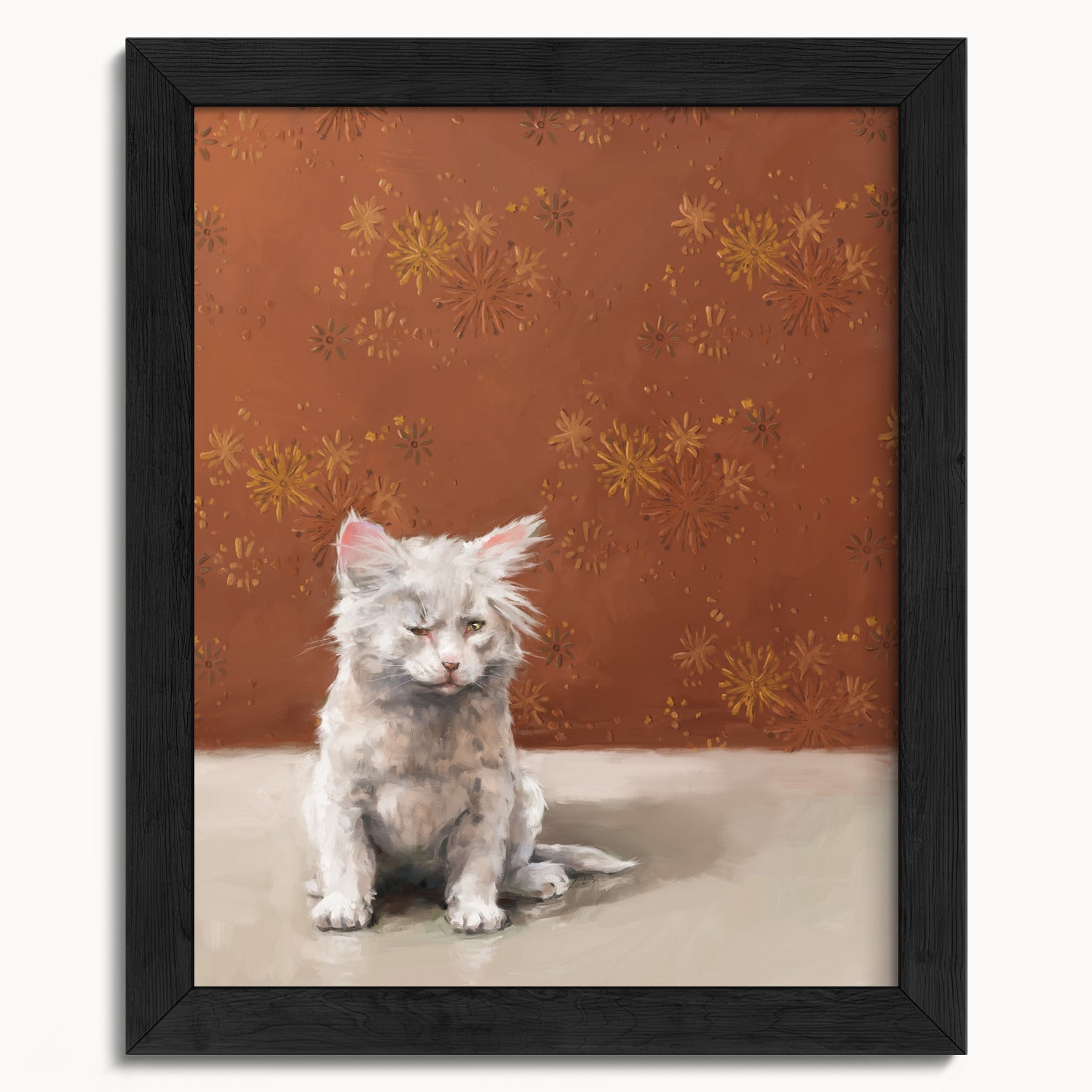 "One Eye Pete" by Catherine Hébert - One Eye Pete - White Kitten With One Eye Art Print - 8"x10" size