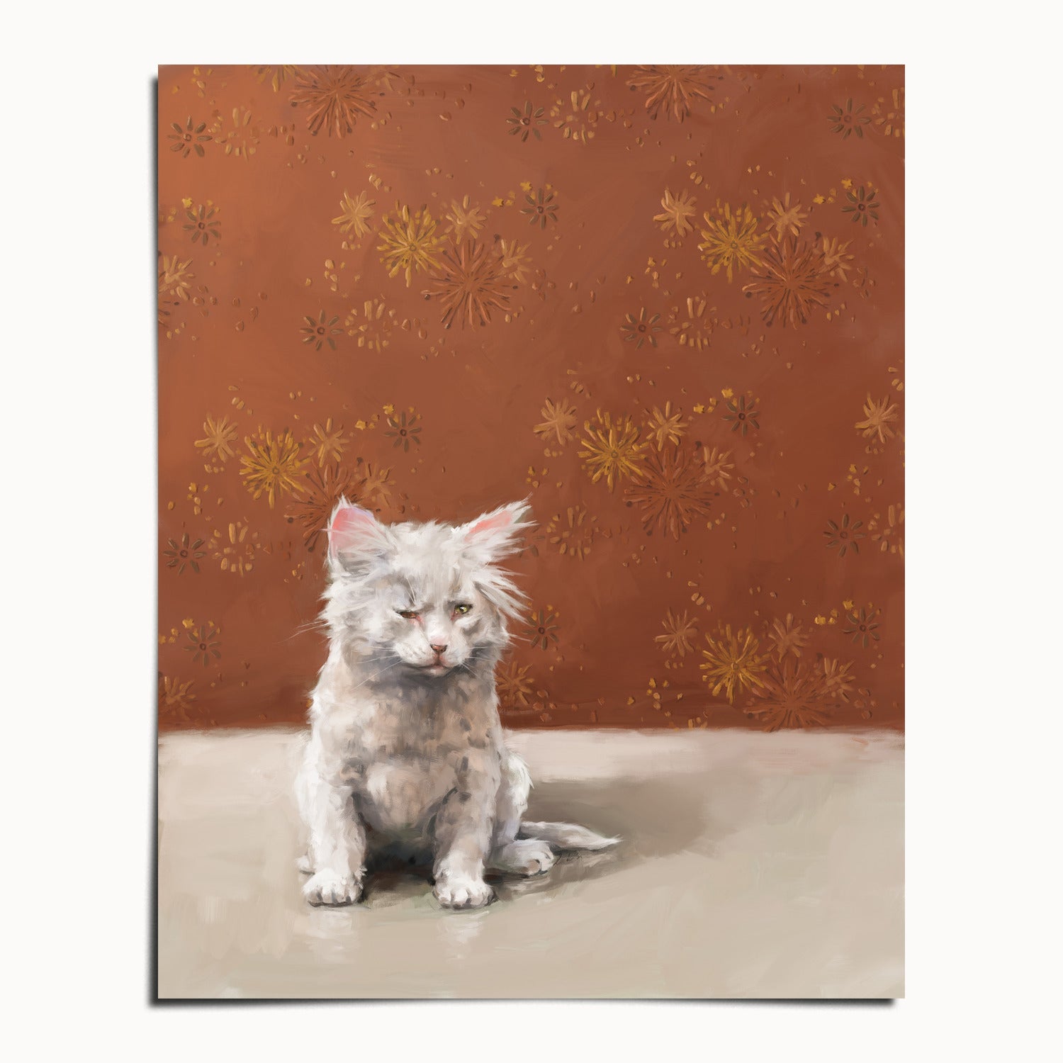 "One Eye Pete" by Catherine Hébert - One Eye Pete - White Kitten With One Eye Art Print - 24"x30" size
