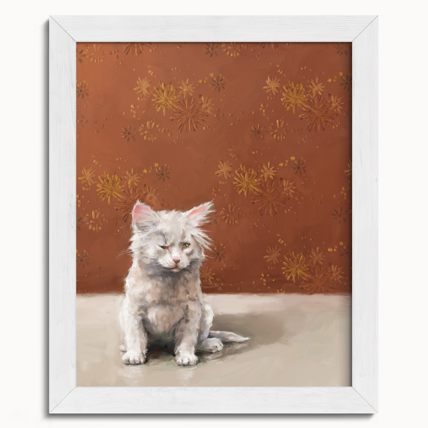 "One Eye Pete" by Catherine Hébert - One Eye Pete - White Kitten With One Eye Art Print - 8"x10" size