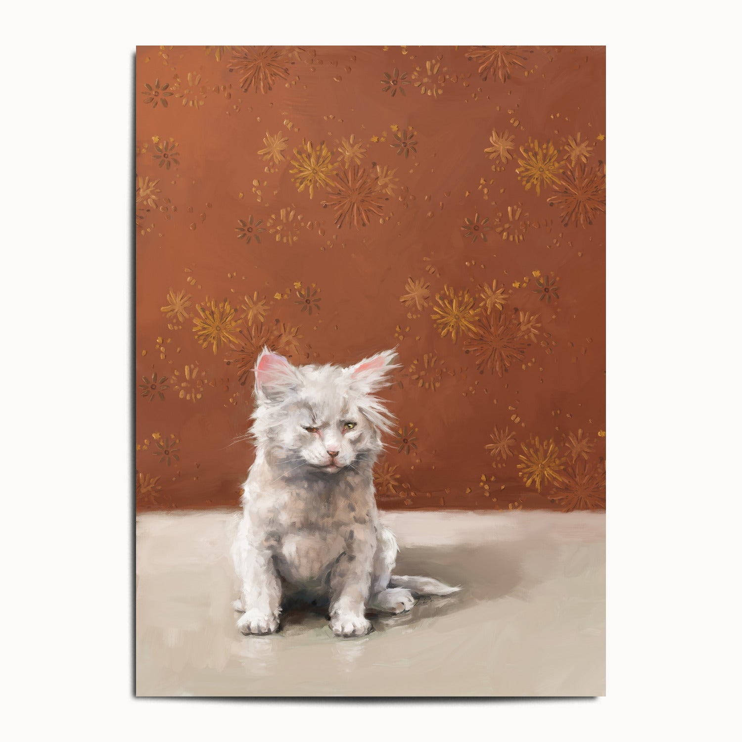 "One Eye Pete" by Catherine Hébert - One Eye Pete - White Kitten With One Eye Art Print - 13"x18" size