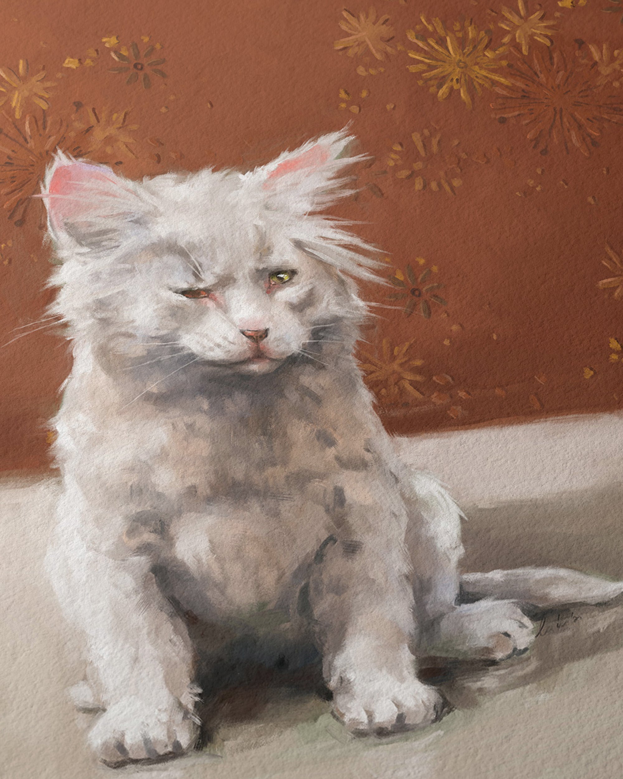 "One Eye Pete" by Catherine Hébert - One Eye Pete - White Kitten With One Eye Art Print