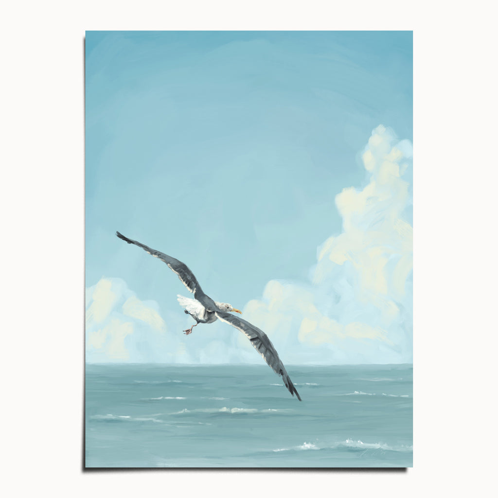 "Wobbly Seagull in Flight" by Catherine Hébert - Seagull in Flight Art Print - 12"x16" size