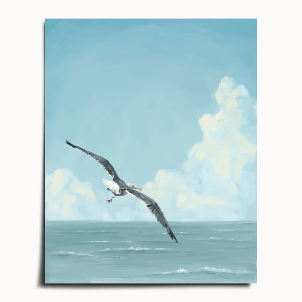 "Wobbly Seagull in Flight" by Catherine Hébert - Seagull in Flight Art Print - 32"x40" size