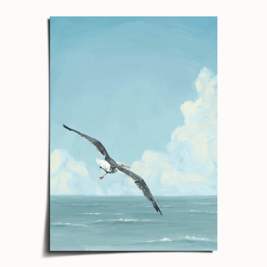 "Wobbly Seagull in Flight" by Catherine Hébert - Seagull in Flight Art Print - 5"x7" size