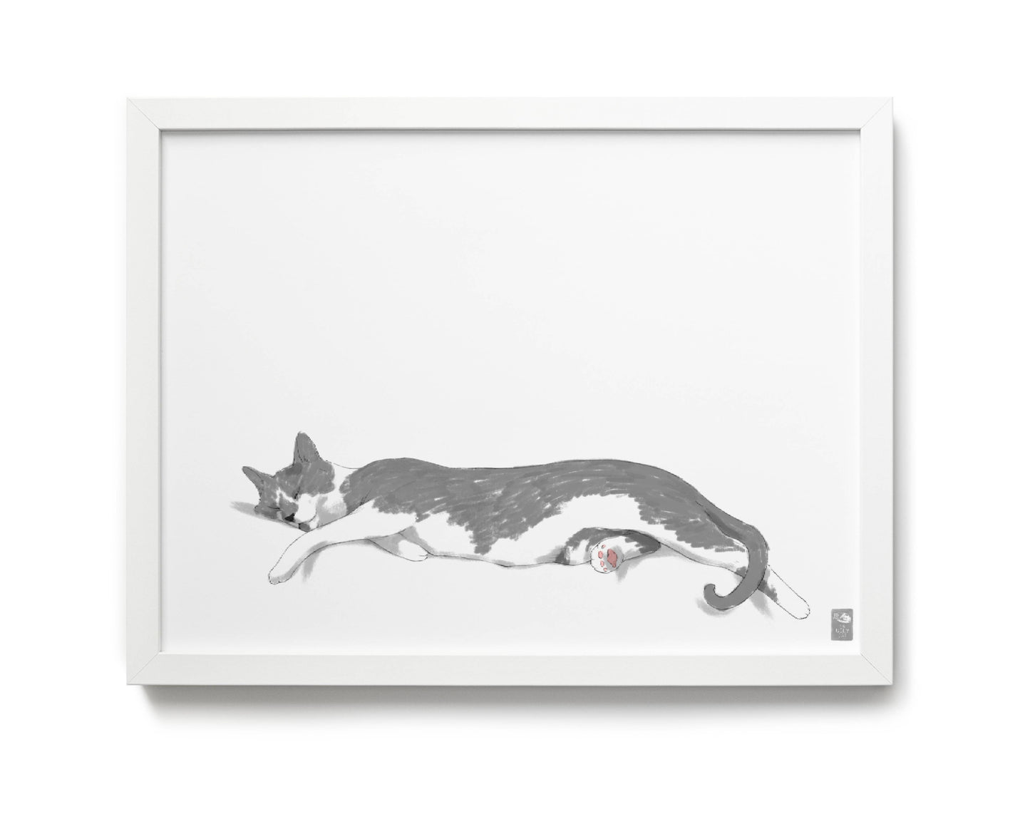 "Woodhouse Stretching - White Edition" by Catherine Hébert - Grey Tuxedo Cat Giclee Art Print - 12"x16" size