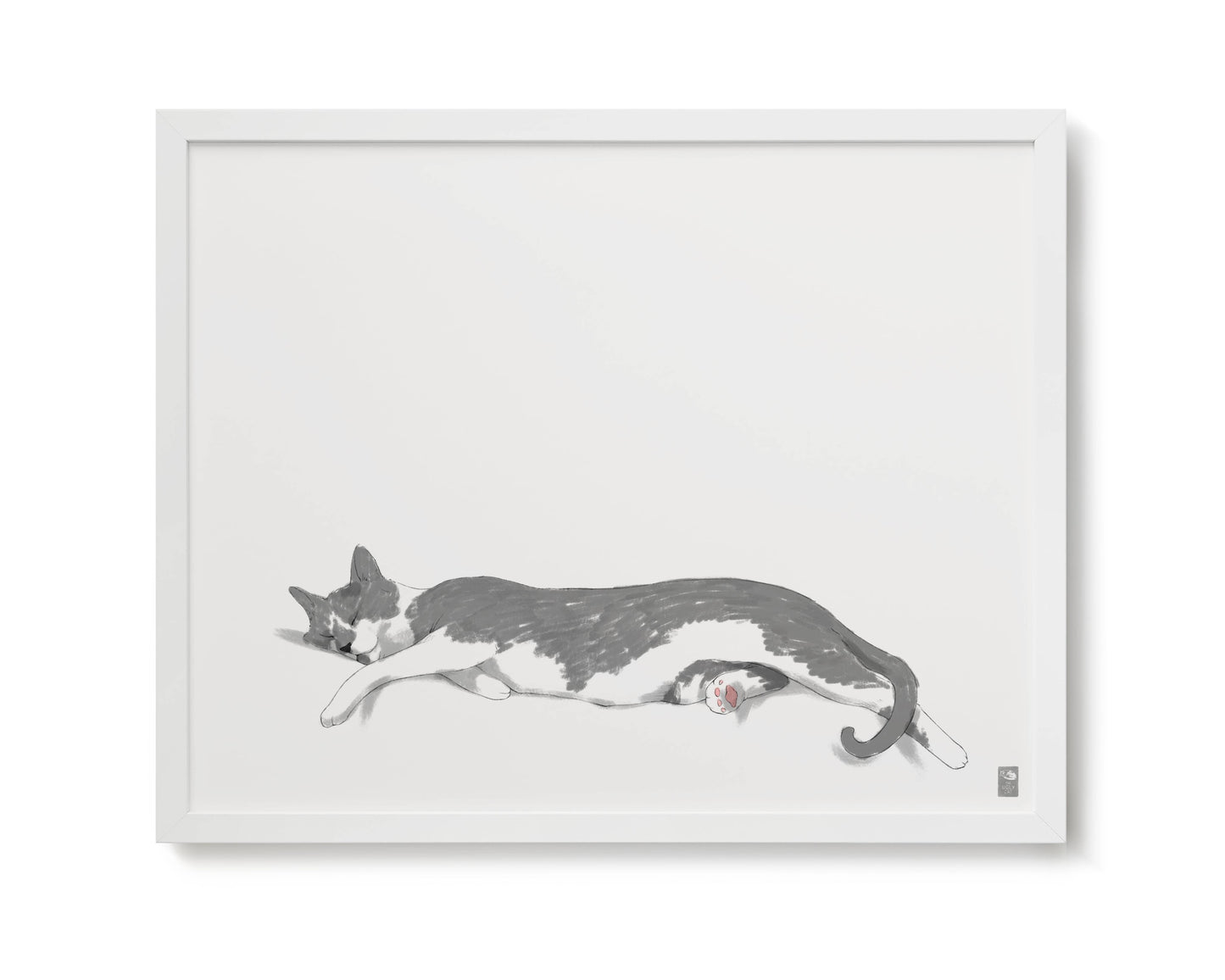 "Woodhouse Stretching - White Edition" by Catherine Hébert - Grey Tuxedo Cat Giclee Art Print - 16"x20" size