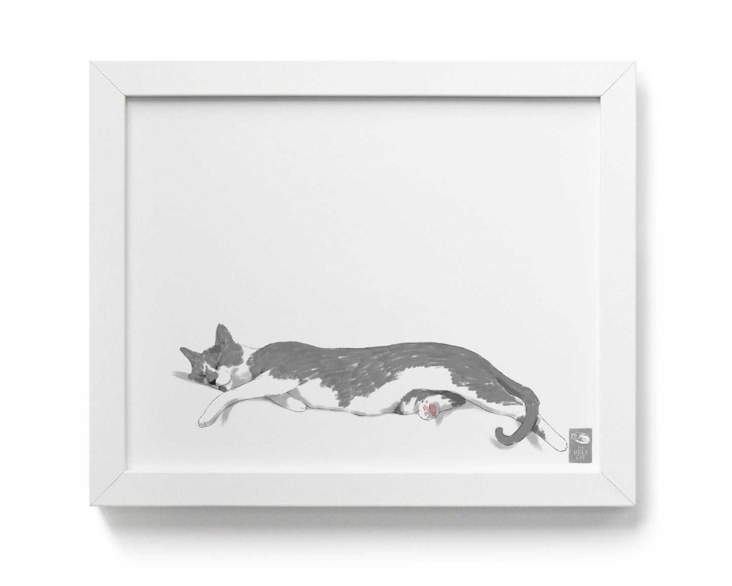 "Woodhouse Stretching - White Edition" by Catherine Hébert - Grey Tuxedo Cat Giclee Art Print - 8"x10" size