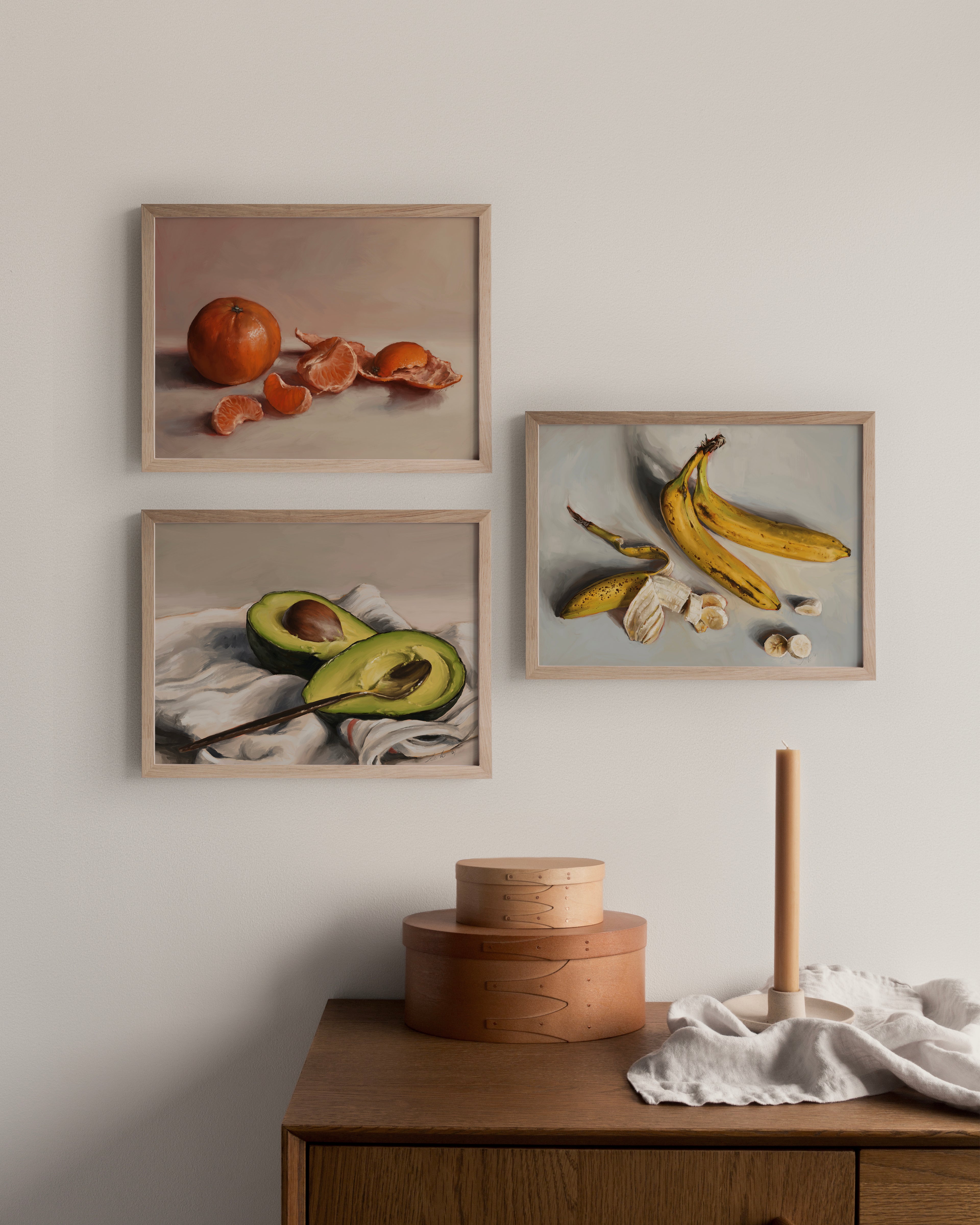 "Fruit Print Set" by Catherine Hébert - Fruit Still Life Art Print Set - Avocado, Clementines & Bananas