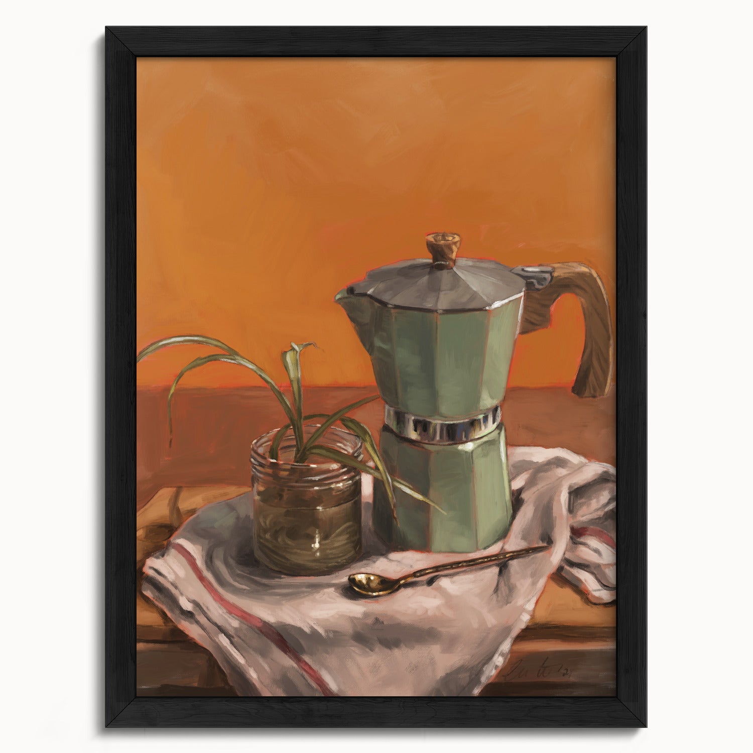 "Moka Pot and Spider Plant" by Catherine Hébert - Moka Pot and Spider Plant Still Life Fine Art Print - 12"x16" size