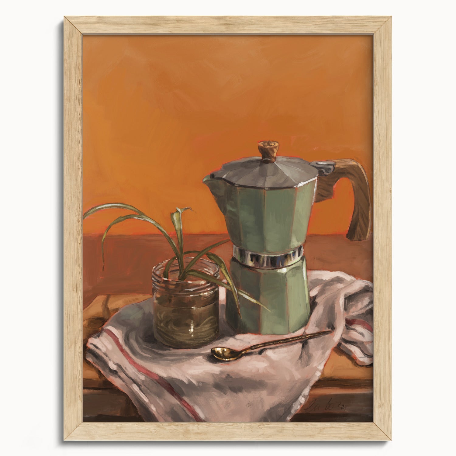 "Moka Pot and Spider Plant" by Catherine Hébert - Moka Pot and Spider Plant Still Life Fine Art Print - 12"x16" size