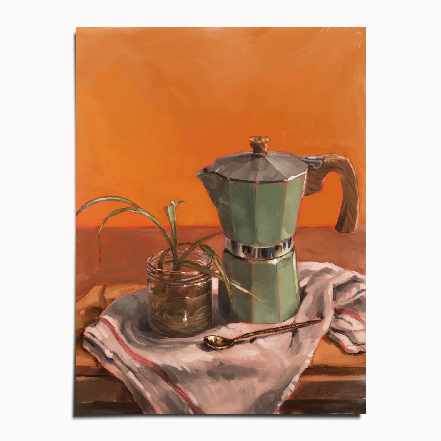 "Moka Pot and Spider Plant" by Catherine Hébert - Moka Pot and Spider Plant Still Life Fine Art Print - 12"x16" size