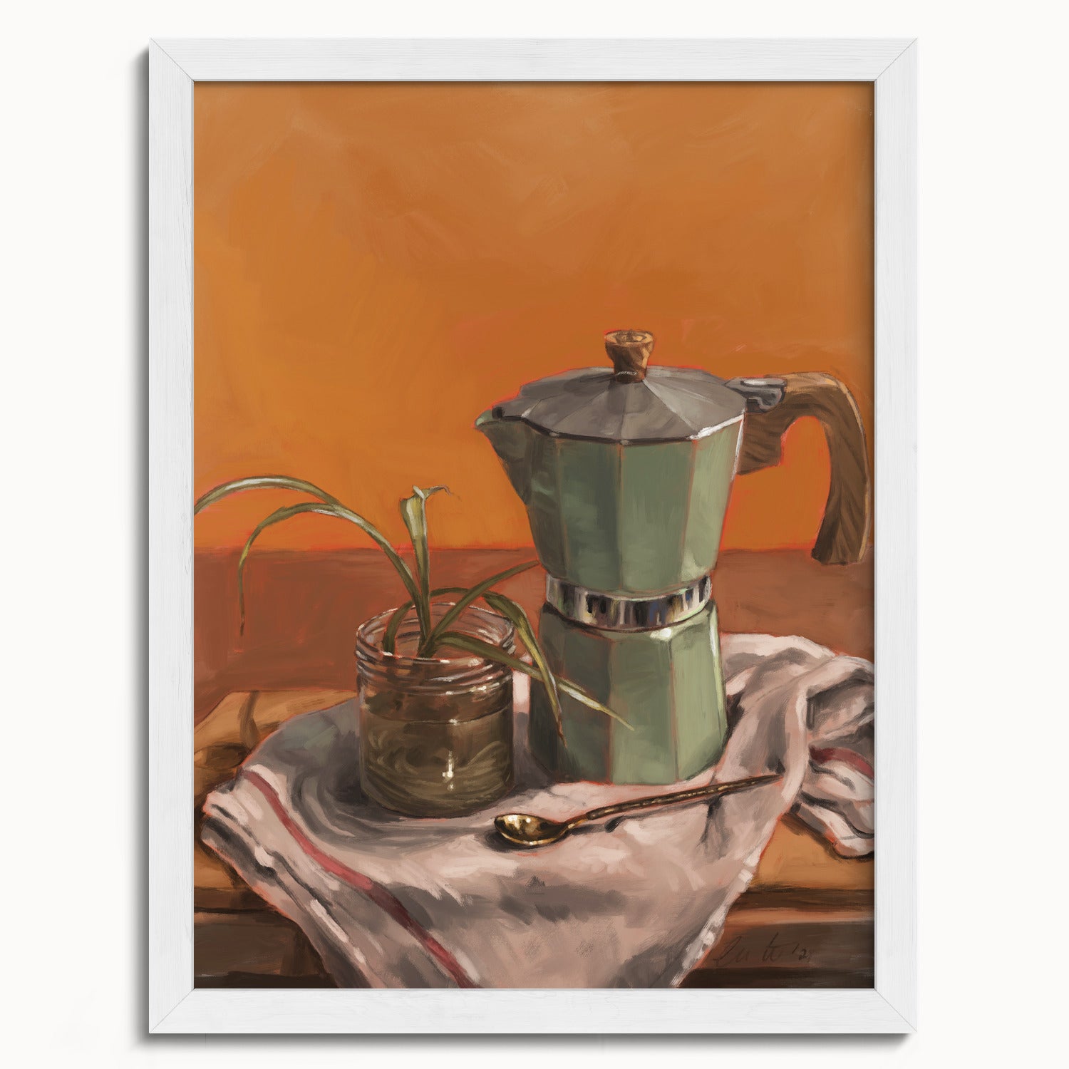 "Moka Pot and Spider Plant" by Catherine Hébert - Moka Pot and Spider Plant Still Life Fine Art Print - 12"x16" size