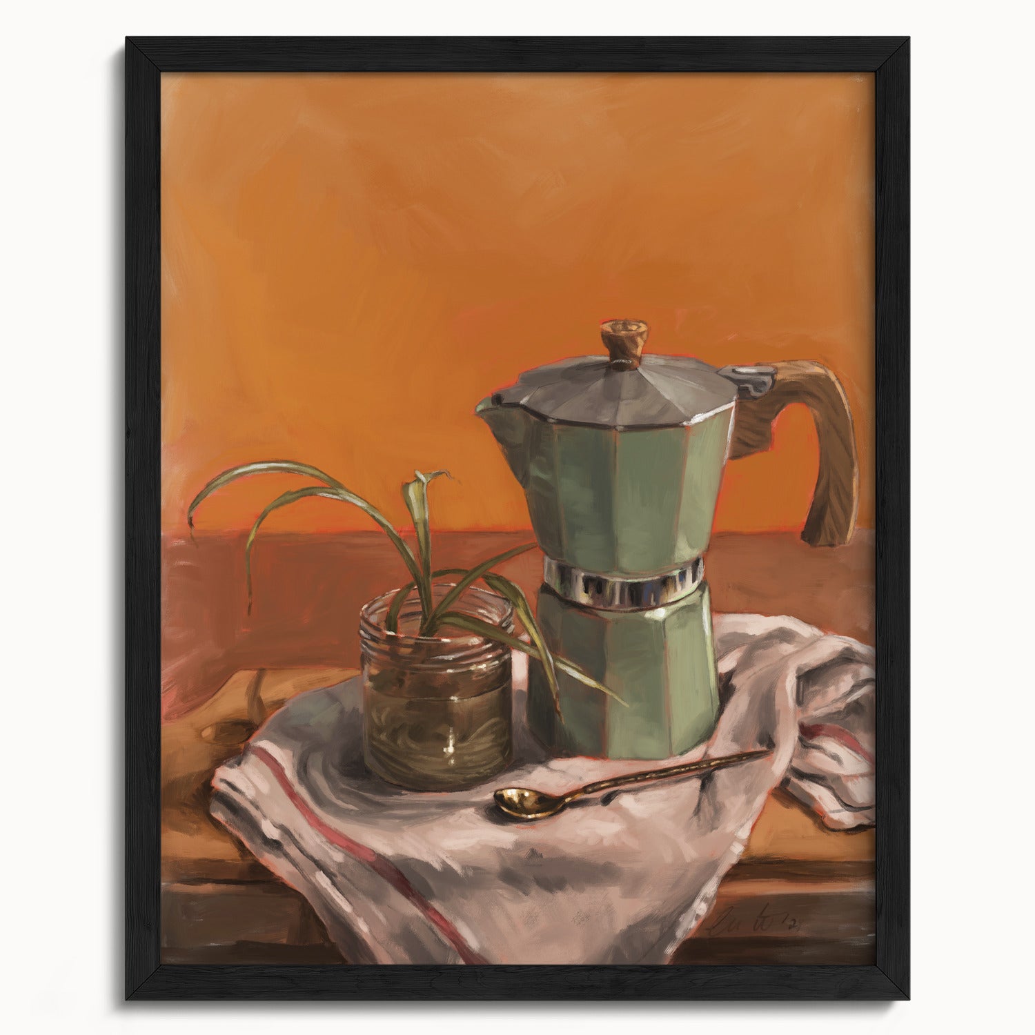 "Moka Pot and Spider Plant" by Catherine Hébert - Moka Pot and Spider Plant Still Life Fine Art Print - 16"x20" size