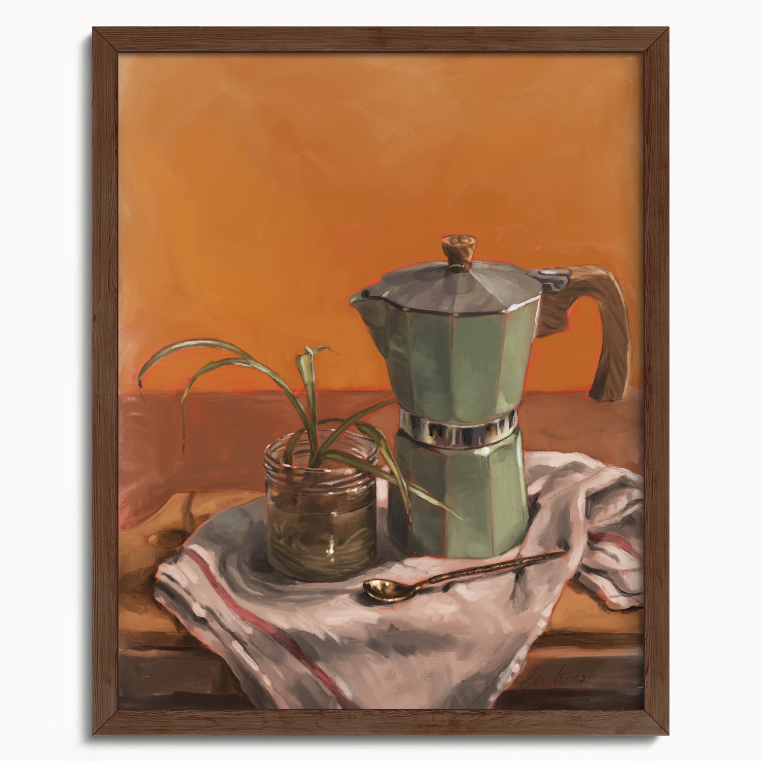 "Moka Pot and Spider Plant" by Catherine Hébert - Moka Pot and Spider Plant Still Life Fine Art Print - 16"x20" size