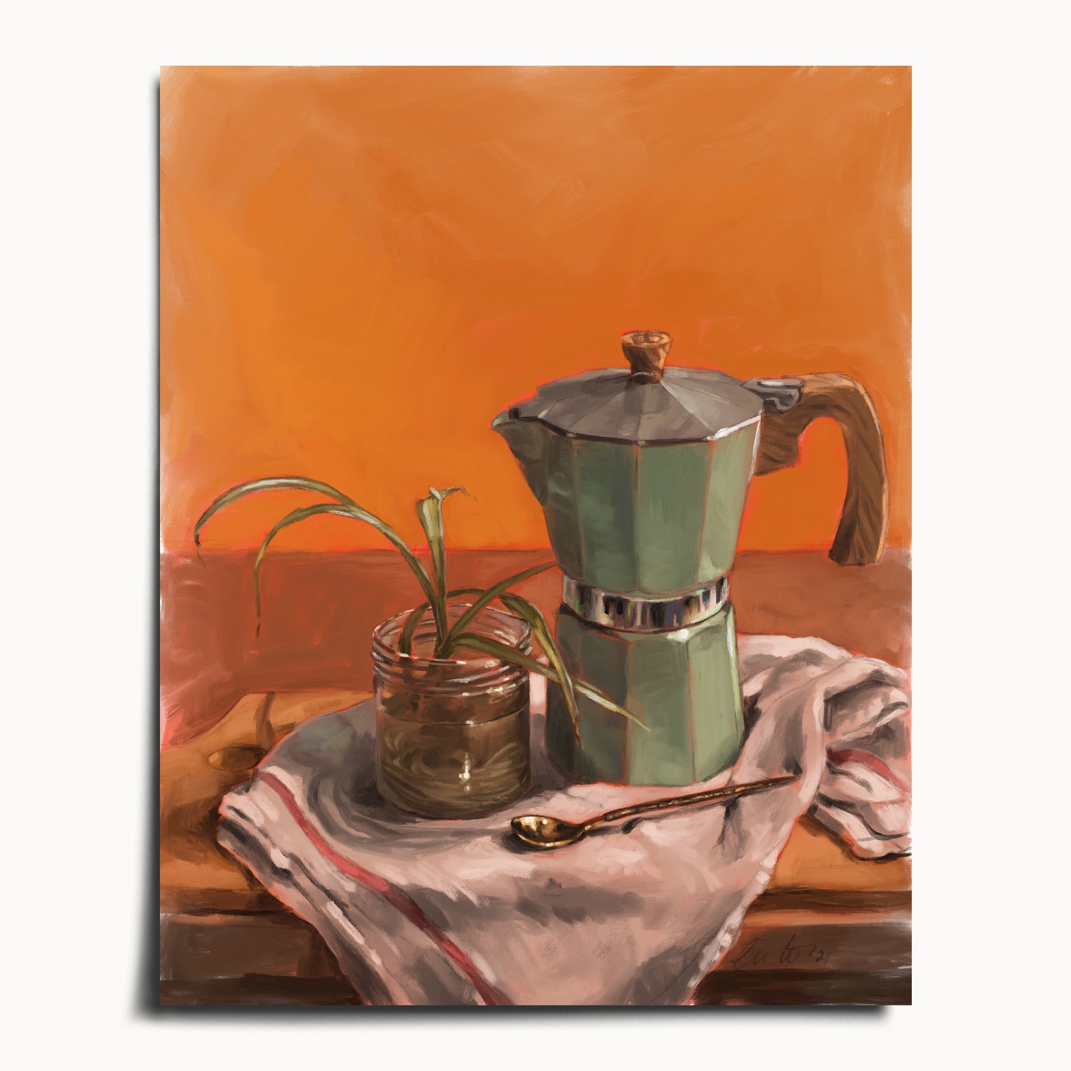 "Moka Pot and Spider Plant" by Catherine Hébert - Moka Pot and Spider Plant Still Life Fine Art Print - 16"x20" size