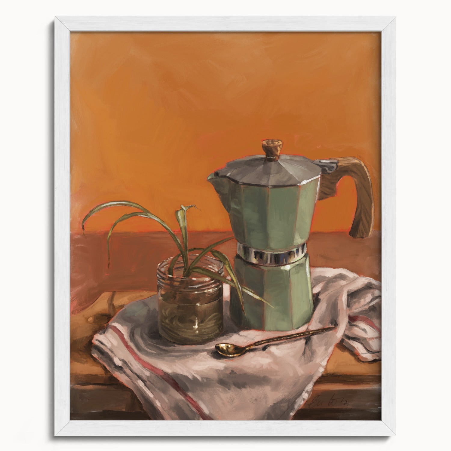 "Moka Pot and Spider Plant" by Catherine Hébert - Moka Pot and Spider Plant Still Life Fine Art Print - 16"x20" size