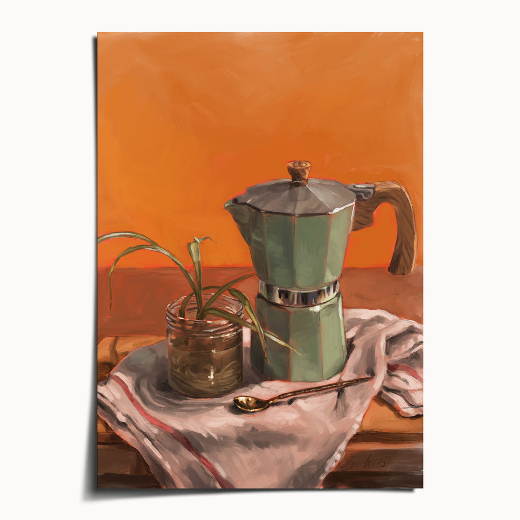 "Moka Pot and Spider Plant" by Catherine Hébert - Moka Pot Still Life Art Print - 5"x7" size