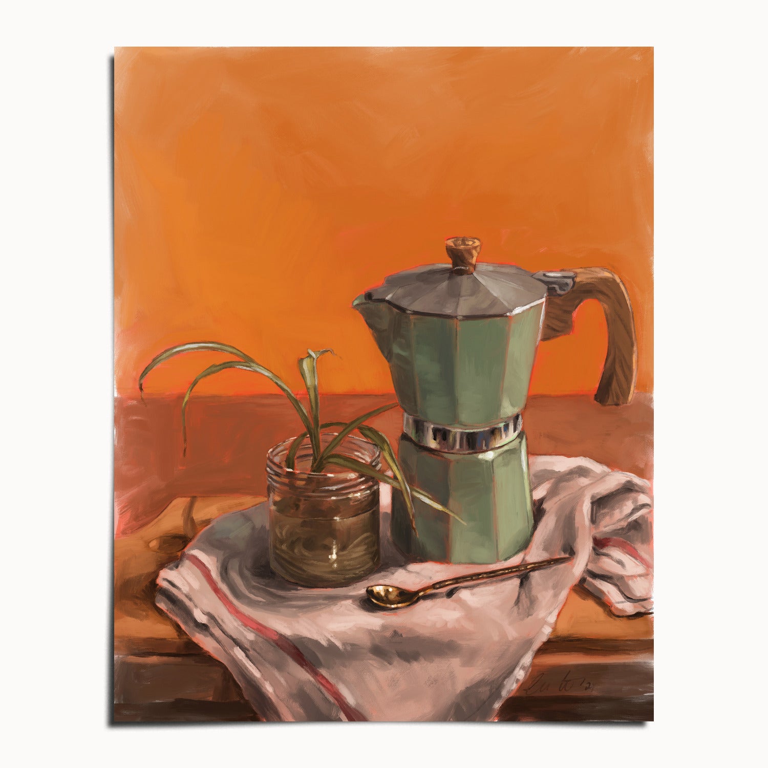"Moka Pot and Spider Plant" by Catherine Hébert - Moka Pot and Spider Plant Still Life Fine Art Print - 8"x10" size