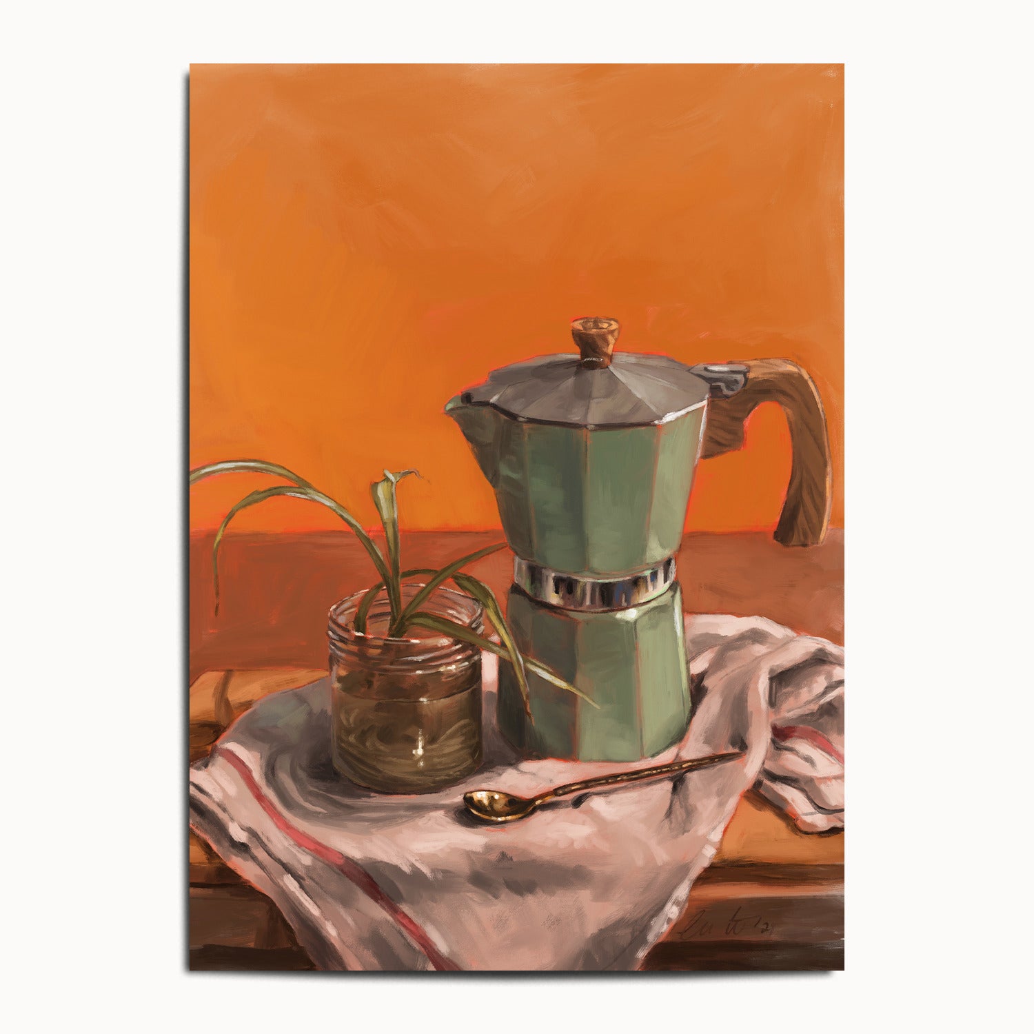 "Moka Pot and Spider Plant" by Catherine Hébert - Moka Pot and Spider Plant Still Life Fine Art Print - 13"x18" size