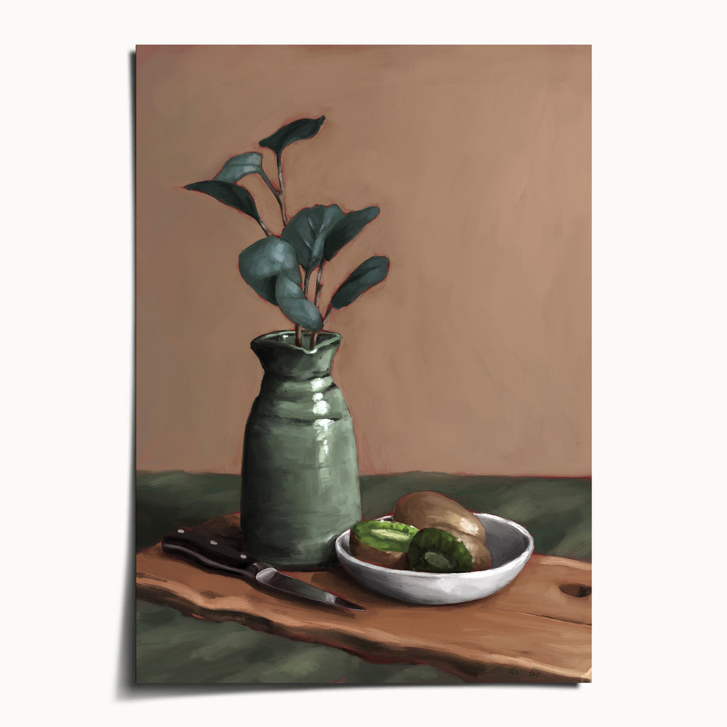 "Eucalyptus and Kiwi" by Catherine Hébert - Eucalyptus Still Life Art Print - 5"x7" size
