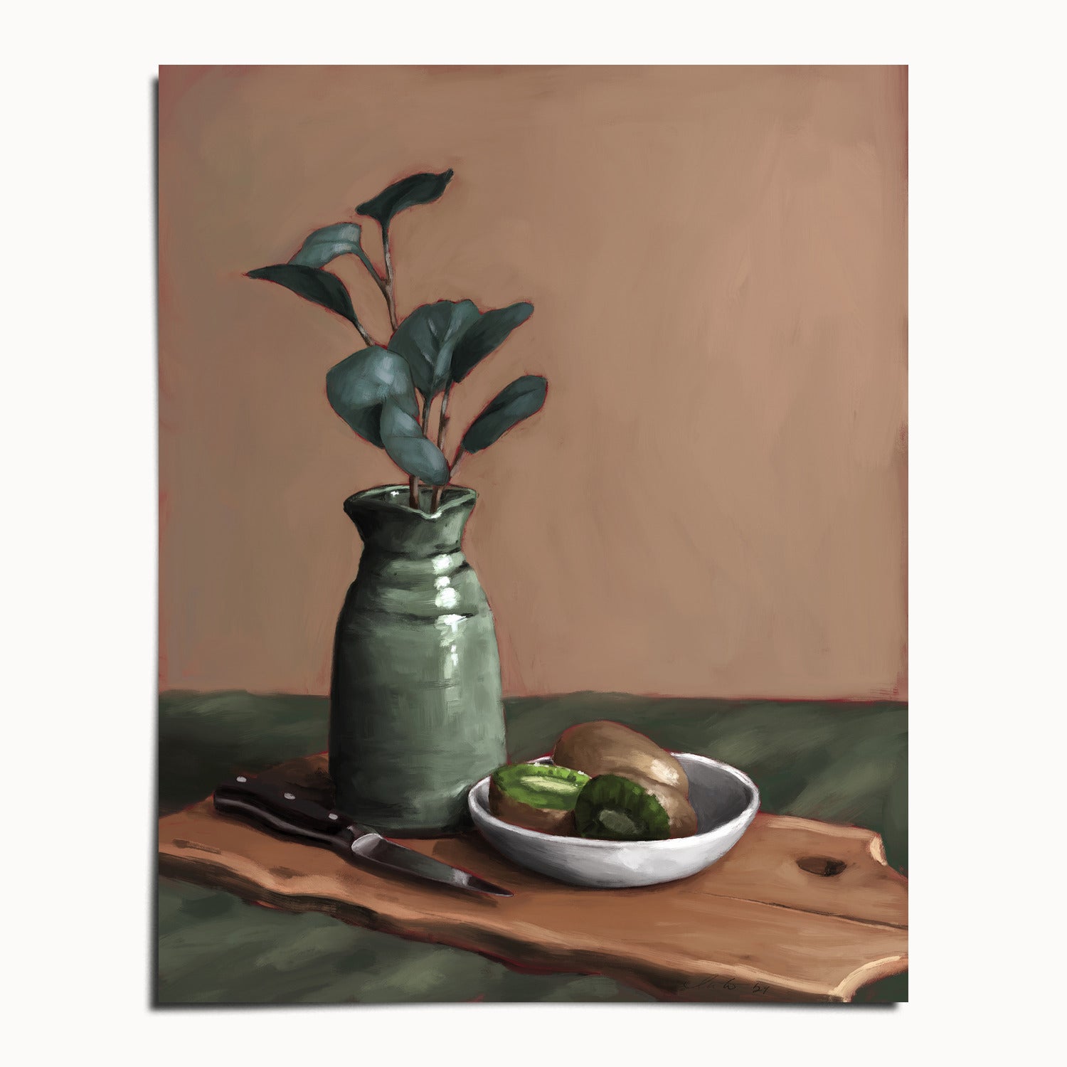 "Eucalyptus and Kiwi" by Catherine Hébert - Eucalyptus and Kiwi Still Life Fine Art Print - 8"x10" size