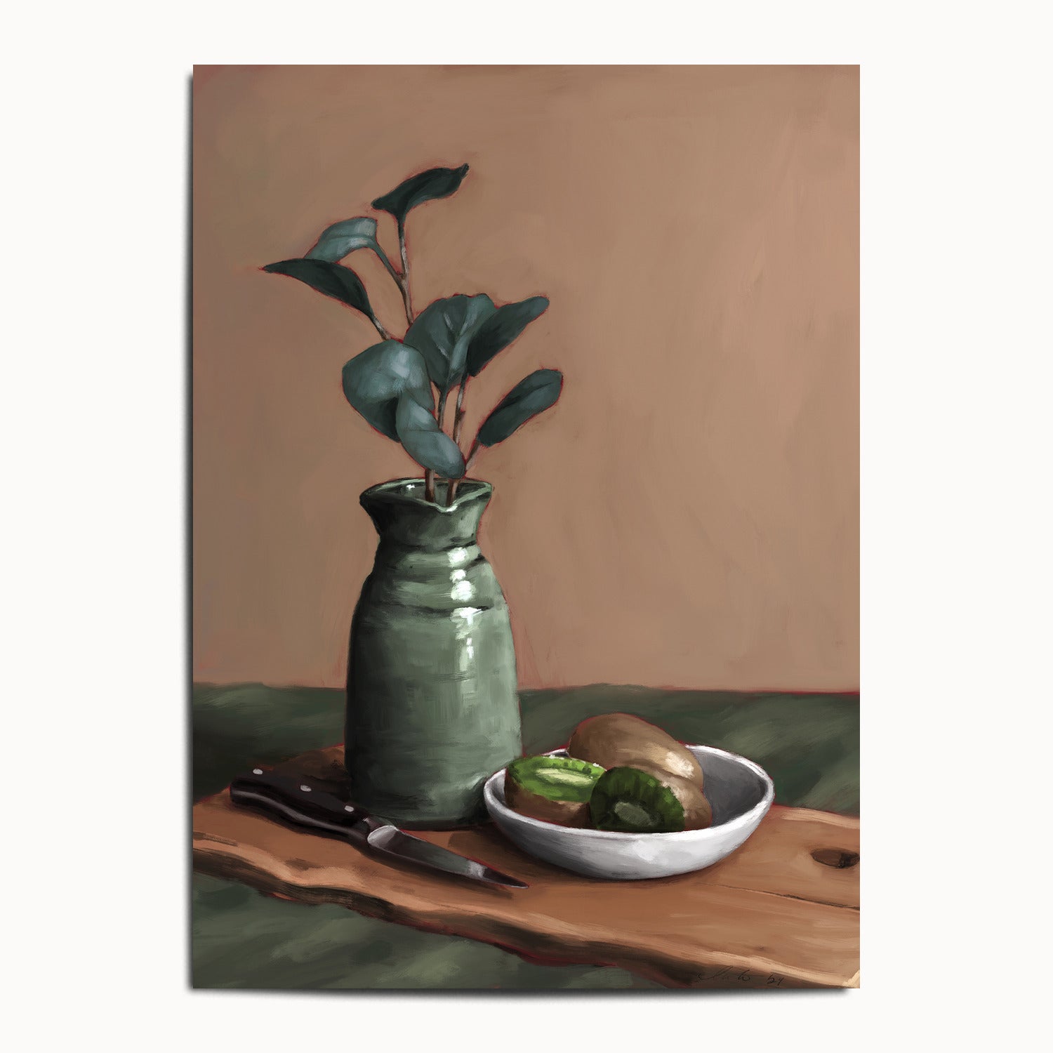 "Eucalyptus and Kiwi" by Catherine Hébert - Eucalyptus and Kiwi Still Life Fine Art Print - 13"x18" size