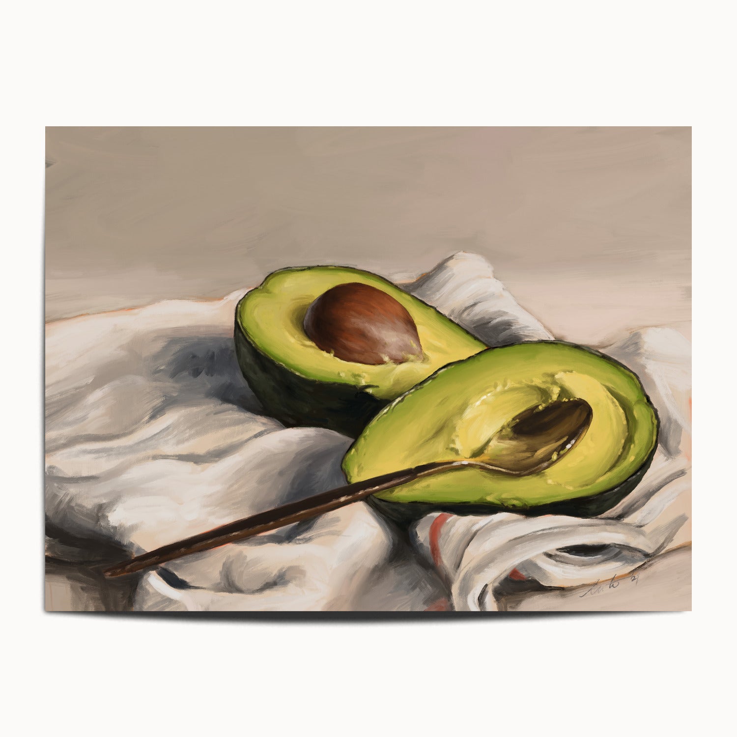 "Avocado" by Catherine Hébert - Sliced Avocado Painting Fine Art Print - 12"x16" size