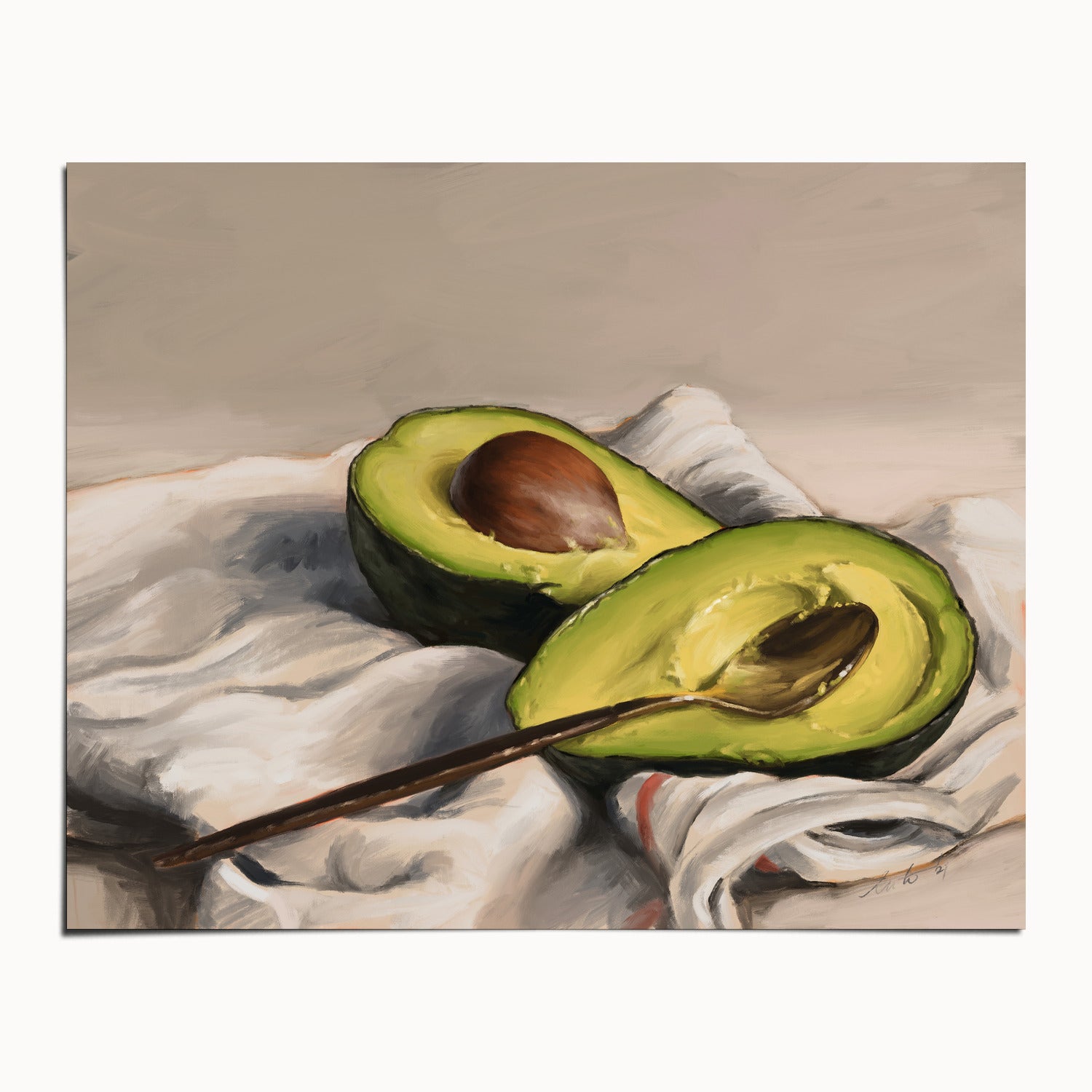 "Avocado" by Catherine Hébert - Sliced Avocado Painting Fine Art Print - 24"x30" size