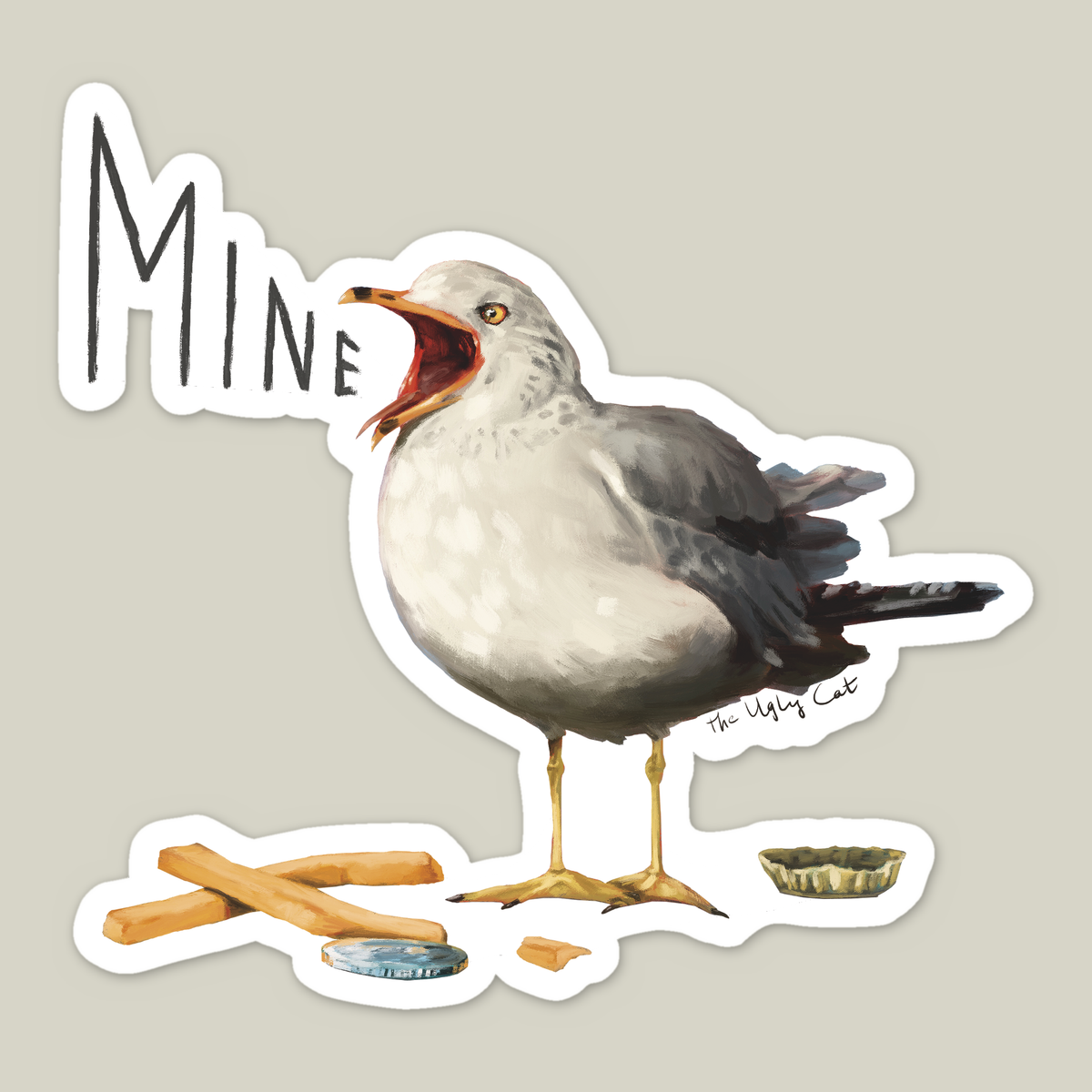 Die-cut vinyl sticker of a seagull yelling MINE over a pile of fries by The Ugly Cat Studio