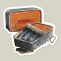 Die-cut vinyl sticker of an open tin of sardines by The Ugly Cat Studio