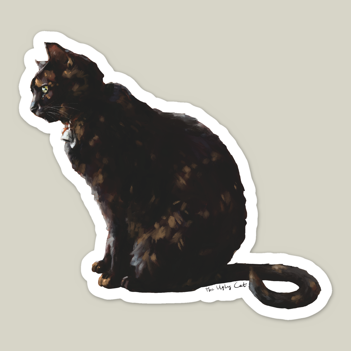 Die-cut vinyl sticker of Jarousse, a tortoiseshell cat, by The Ugly Cat Studio