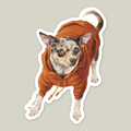 Die-cut vinyl sticker of a Chihuahua in an orange hoodie by The Ugly Cat Studio
