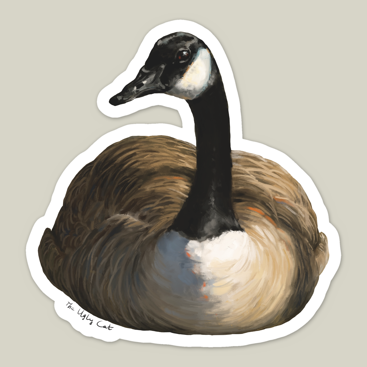 Die-cut vinyl sticker of a lounging Canada goose by The Ugly Cat Studio
