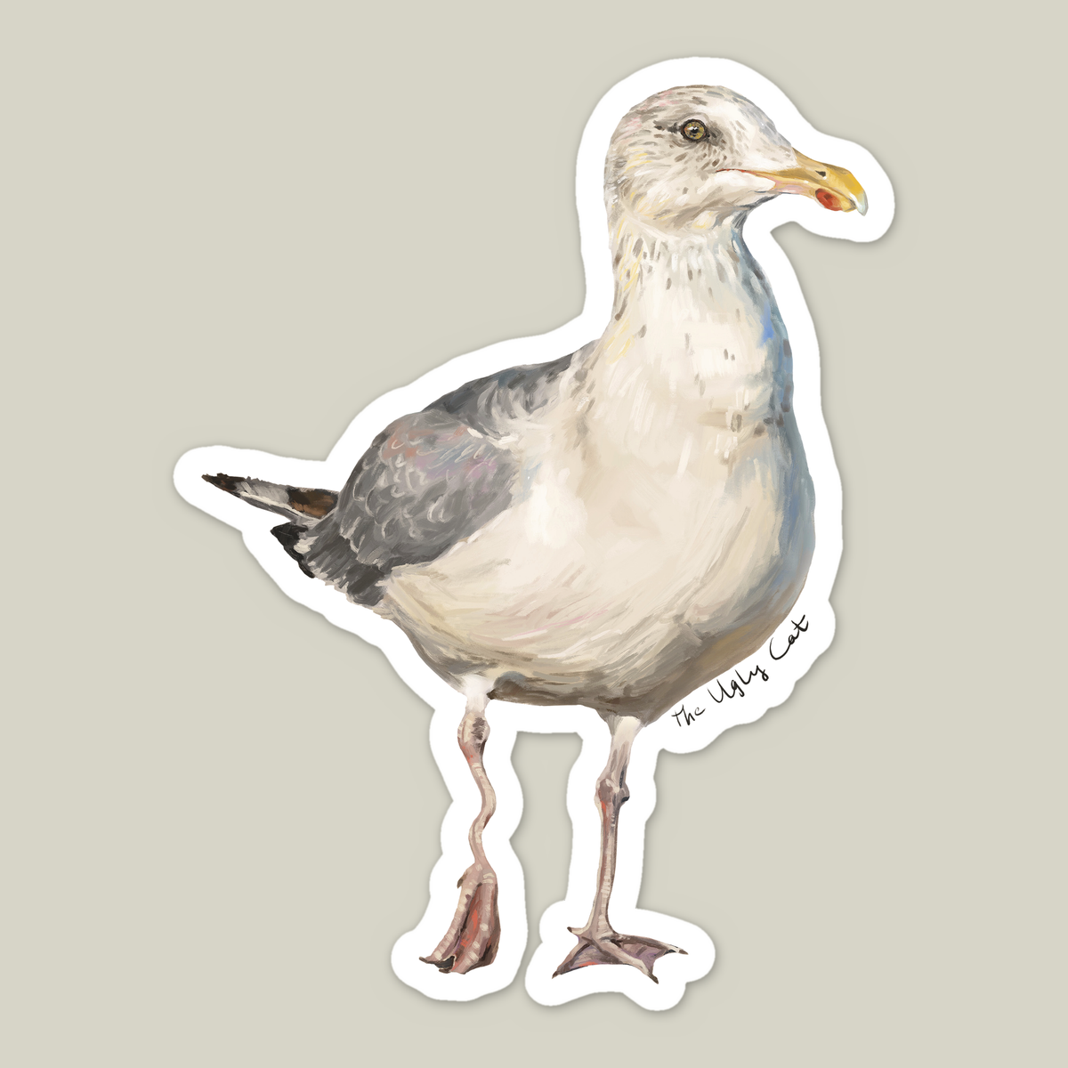 Die-cut vinyl sticker of a seagull with a wobbly leg by The Ugly Cat Studio