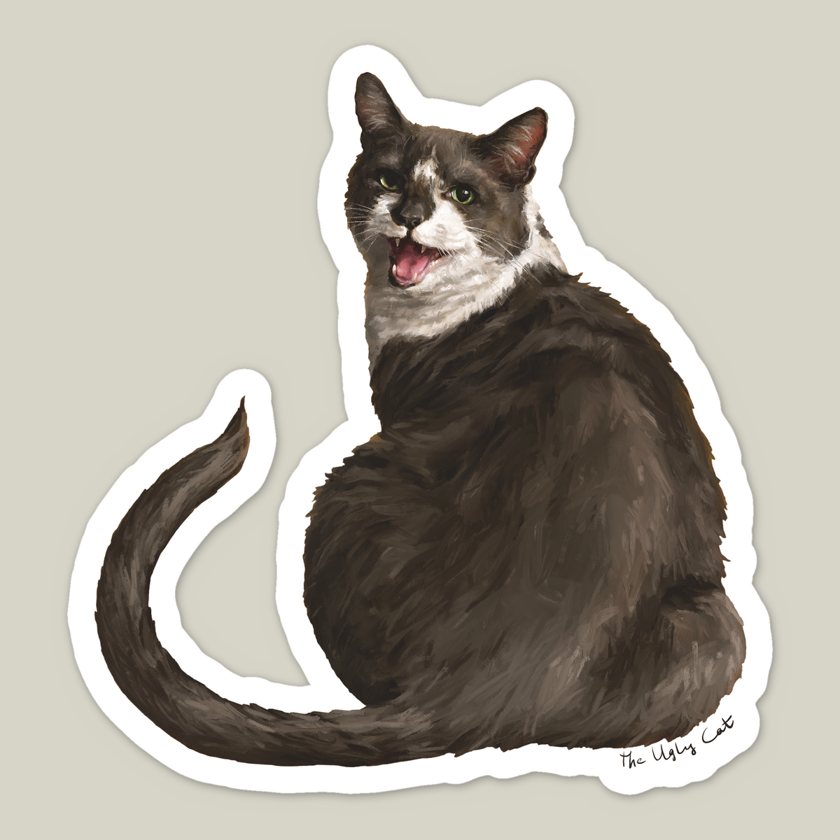 Die-cut vinyl sticker of Woodhouse, a grey tuxedo cat yelling over his shoulder, by The Ugly Cat Studio