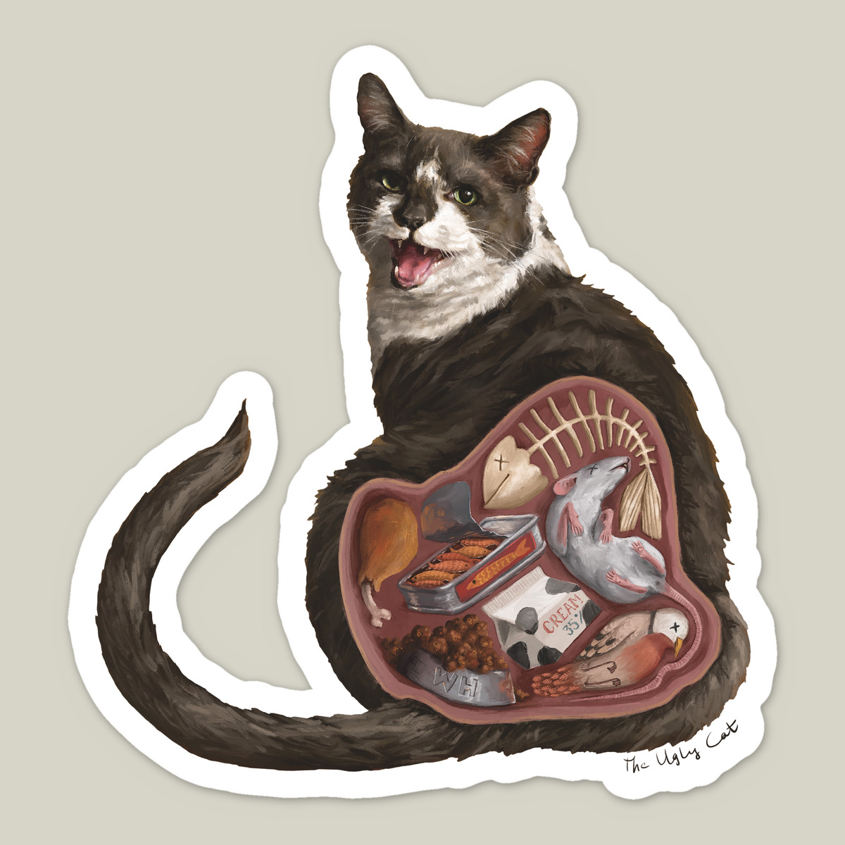 Die-cut vinyl sticker of Woodhouse, a grey tuxedo cat with an anatomical cutaway of everything he has eaten, by The Ugly Cat Studio
