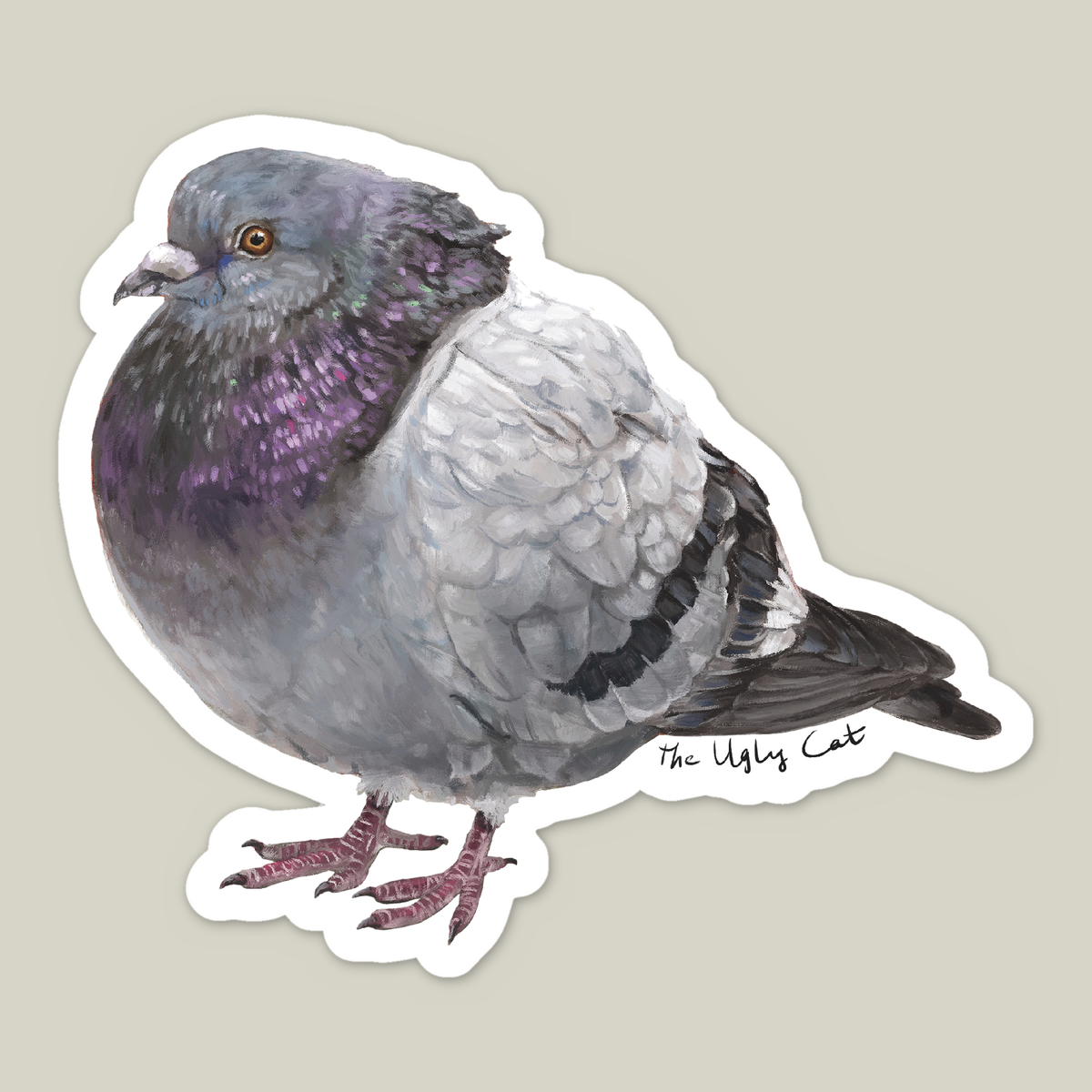 Die-cut vinyl sticker of a very round pigeon by The Ugly Cat Studio
