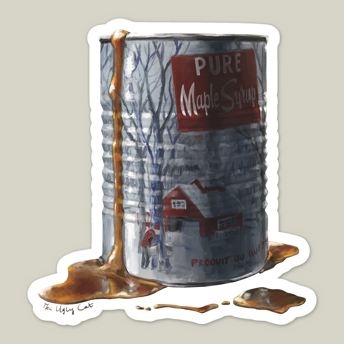 Die-cut vinyl sticker of a dripping Quebec maple syrup can by The Ugly Cat Studio