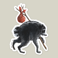 Die-cut vinyl sticker of Jimothy the raccoon carrying a red bindle by The Ugly Cat Studio