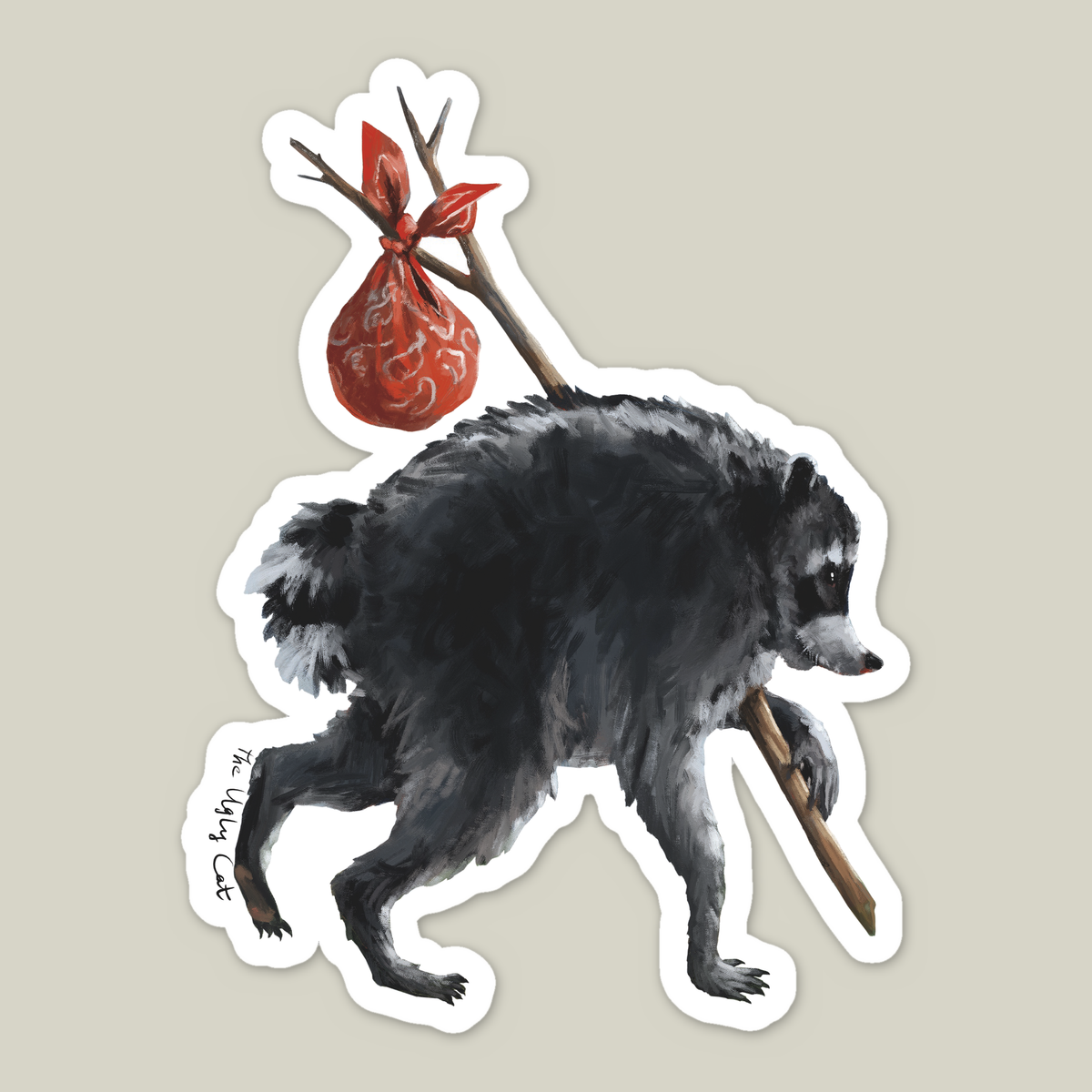 Die-cut vinyl sticker of Jimothy the raccoon carrying a red bindle by The Ugly Cat Studio