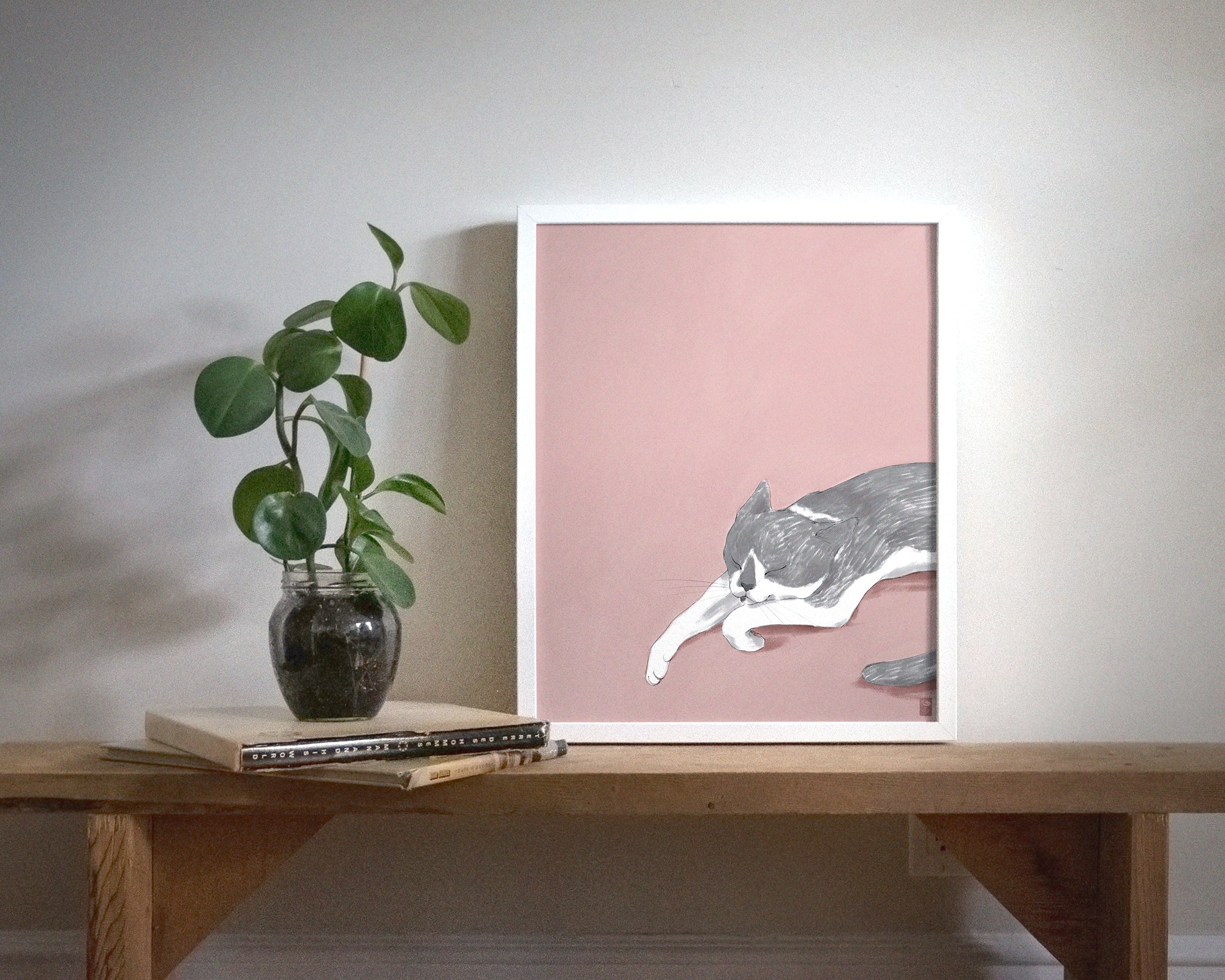 "Woodhouse Napping" by Catherine Hébert - Grey Tuxedo Cat Fine Art Print
