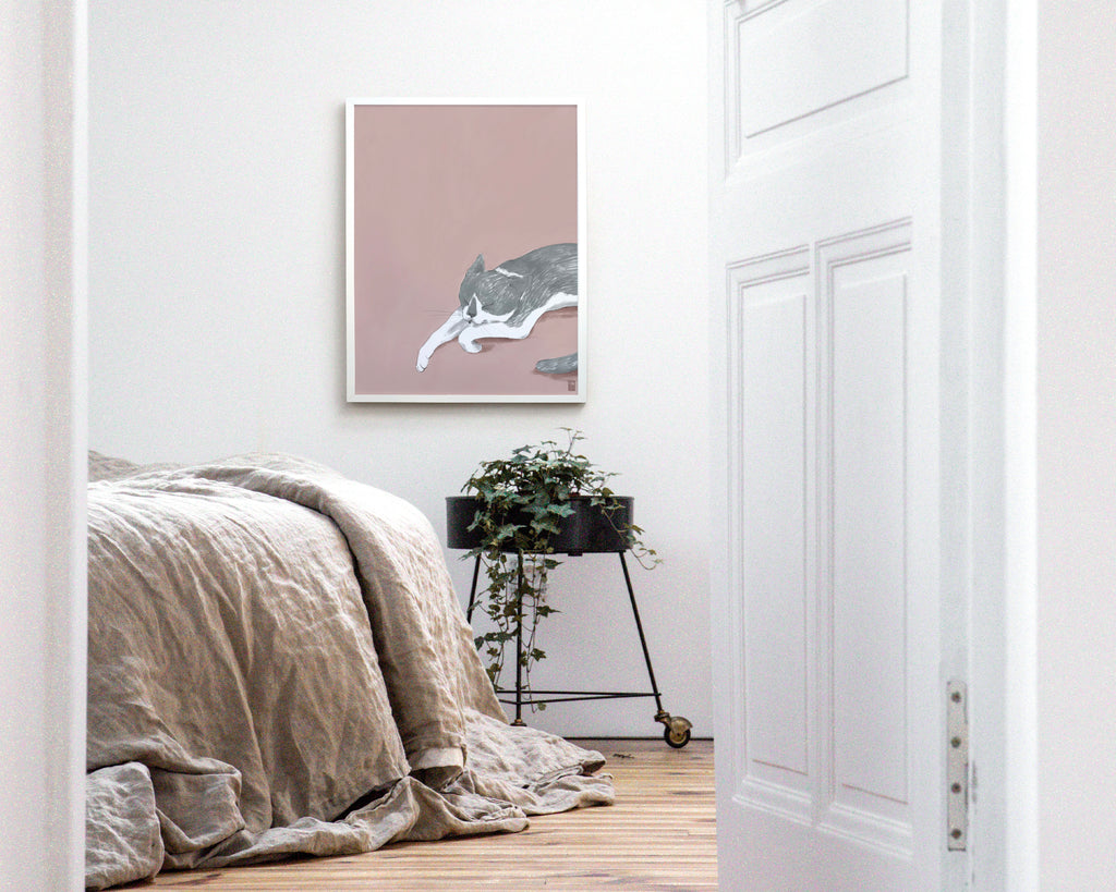 "Woodhouse Napping" by Catherine Hébert - Grey Tuxedo Cat Fine Art Print