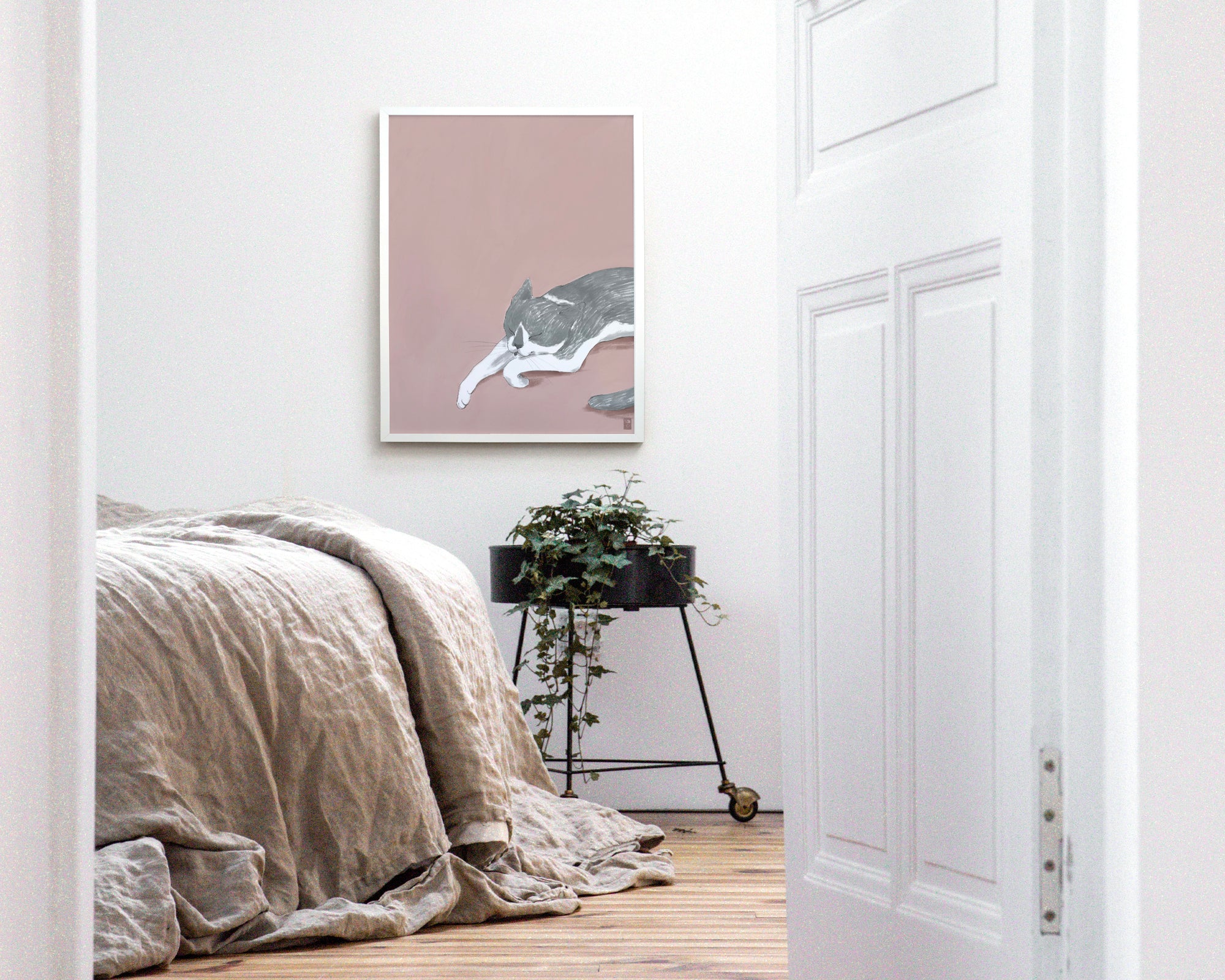 "Woodhouse Napping" by Catherine Hébert - Grey Tuxedo Cat Fine Art Print
