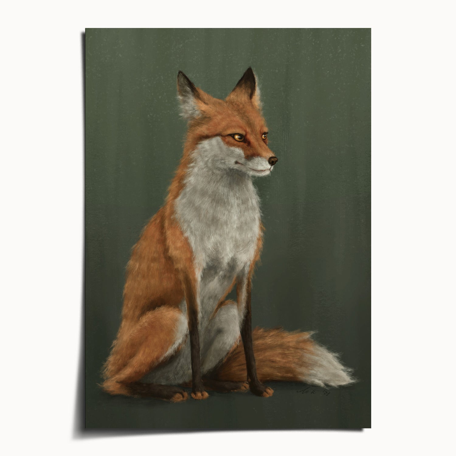 "The Woodland Fox - Green Edition" by Catherine Hébert - Red Fox Fine Art Print - Light Green Edition - 5"x7" size