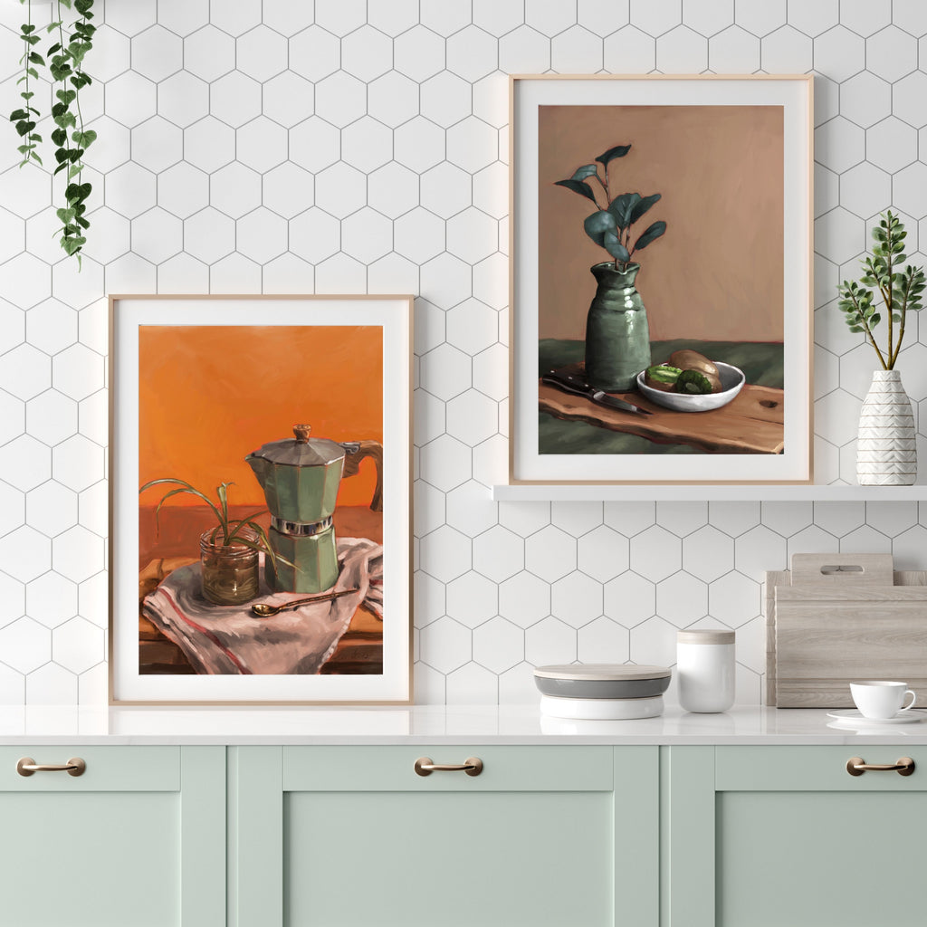 "Kitchen Print Set" by Catherine Hébert - Kitchen Still Life Art Print Set - Moka Pot & Eucalyptus